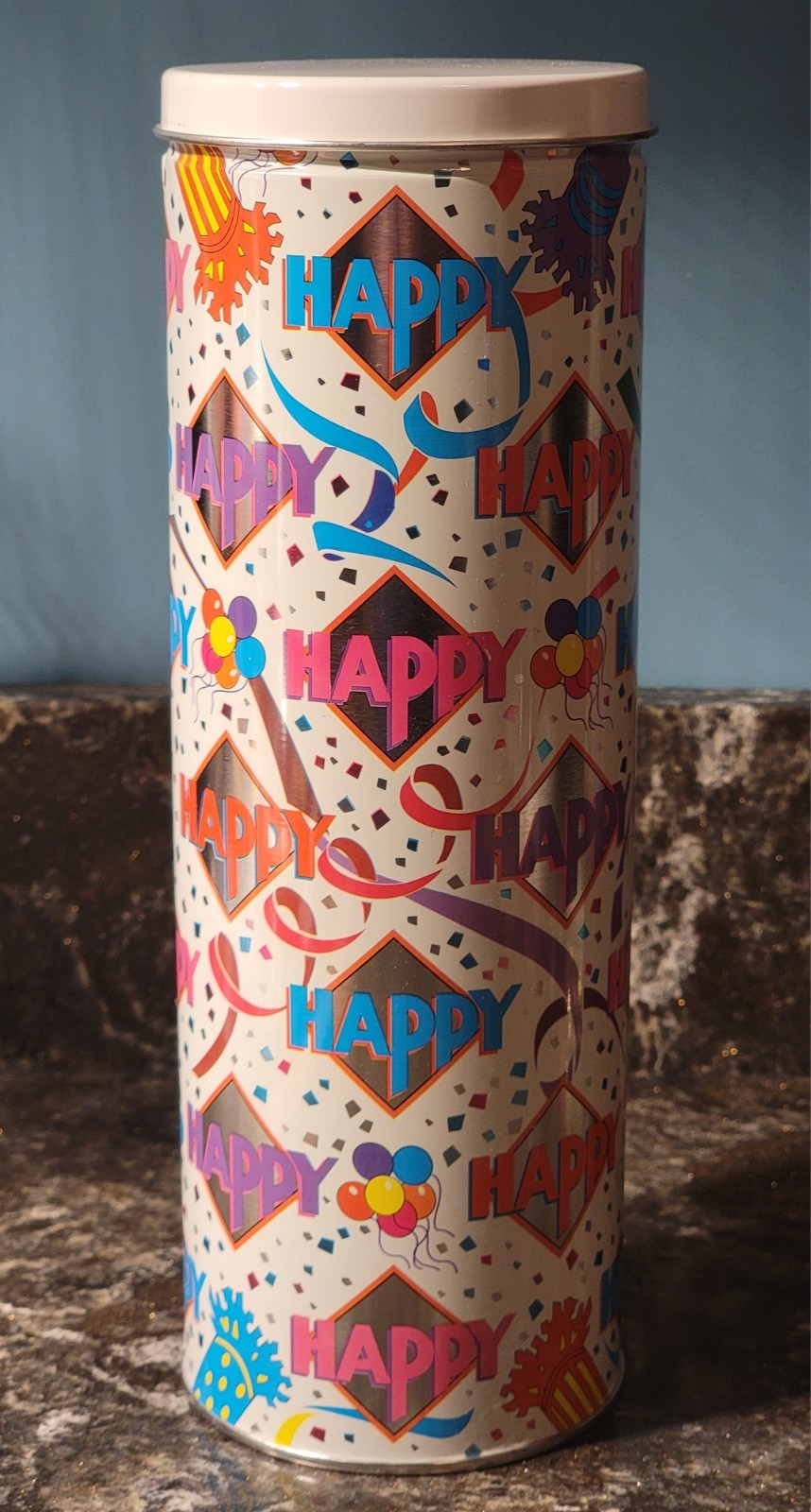Vintage 1992 Olive Can ~ Happy Birthday Cylindrical Gift Tin 10.25\