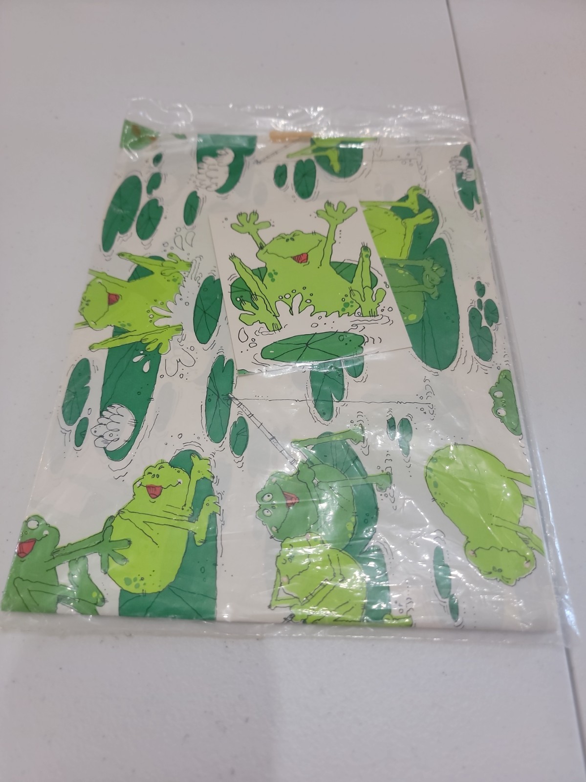 NOS 1980's Vtg Frogs Silly Leap Frog Fishing Lily Pads Craft Gift Wrap Paper 