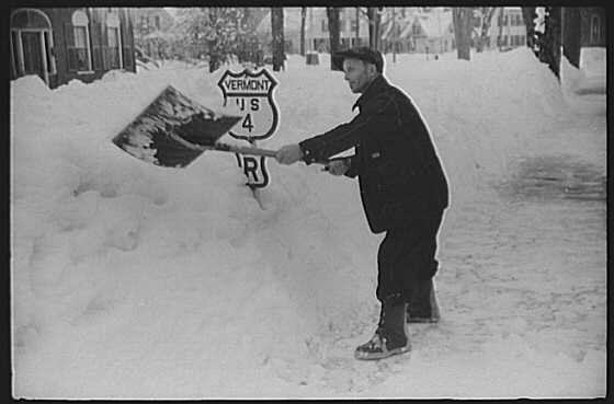 Photo:Woodstock Vermont 1930s Snow Storm Man Shoveling US 4 Road Sign FSA