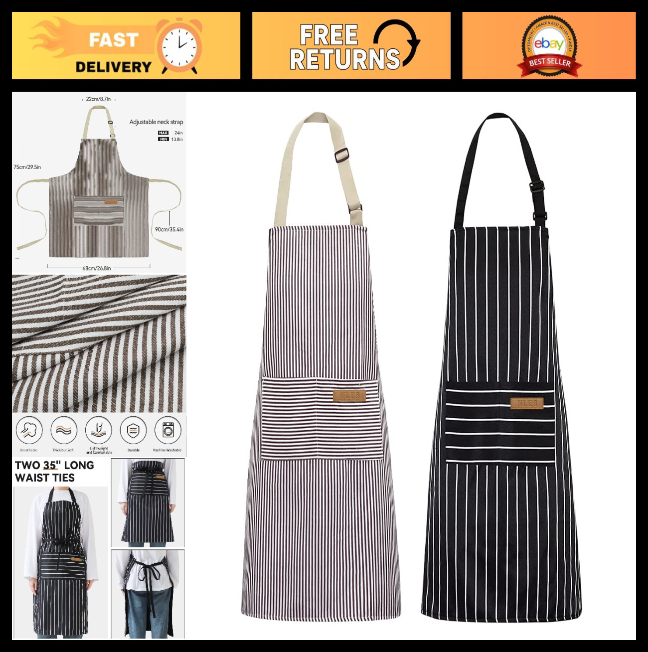 2 Pack Kitchen Cooking Aprons, Adjustable Bib Soft Chef Apron with 2 Pockets for