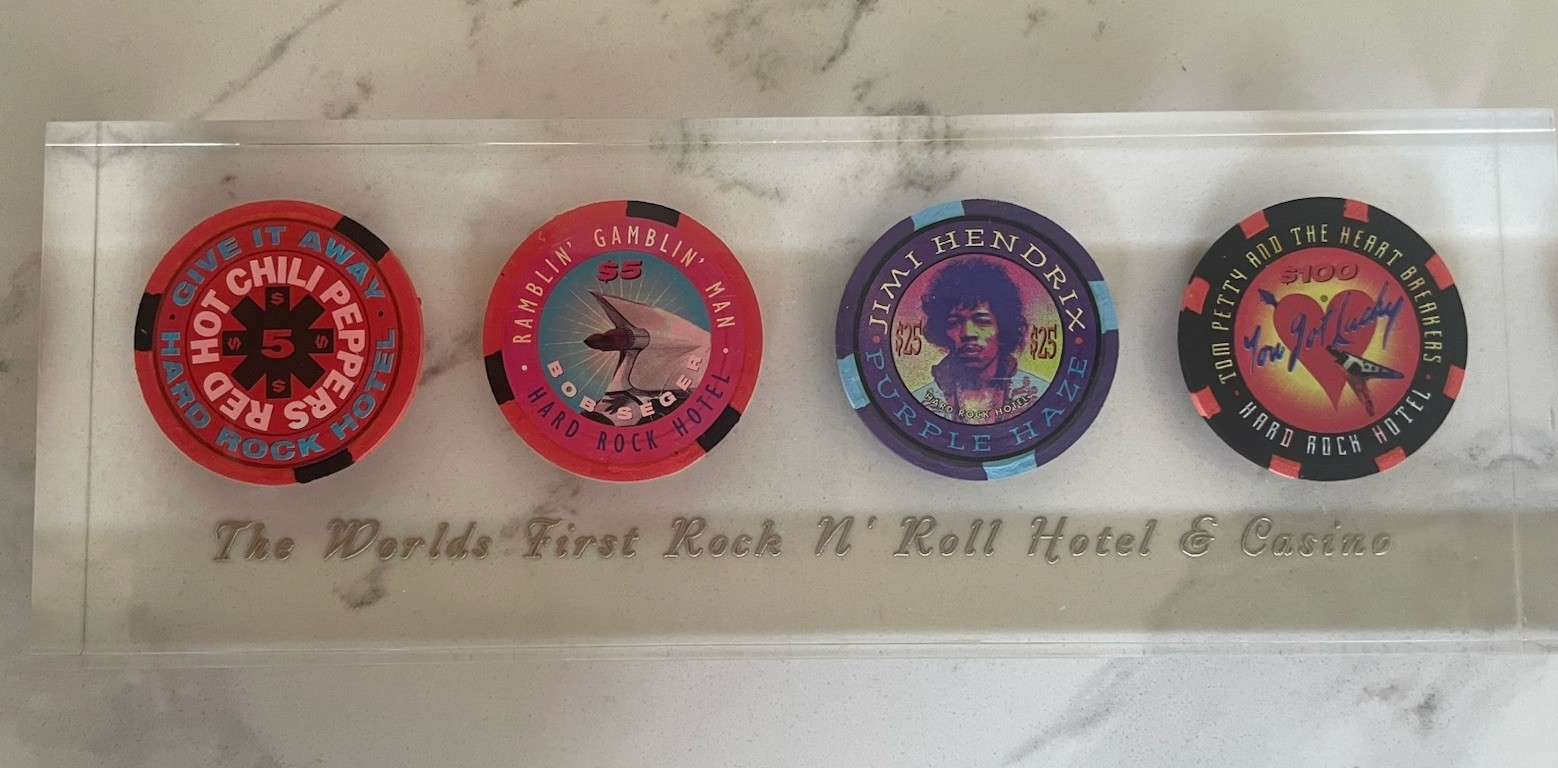 Set Of 4 Hard Rock Casino Chips Encase In Polyurethane Rare $100 Tom Petty Chip