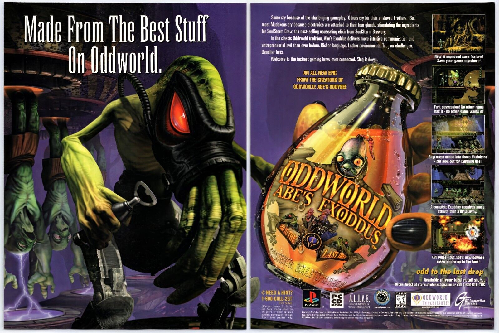 Vintage Print Ad 1998 Oddworld Abe's Exoddus PC Game Original Promo Poster Art