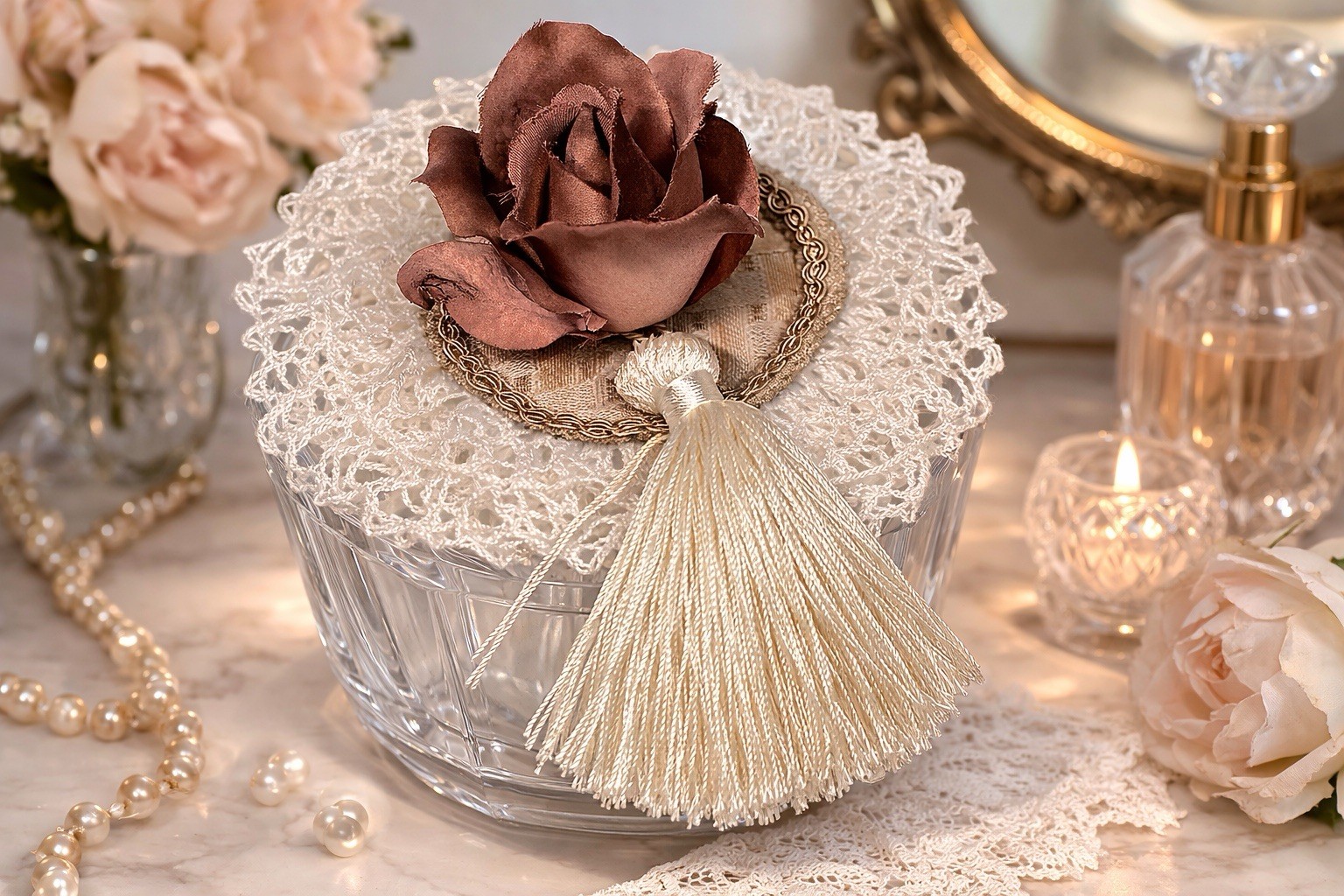 Handmade Soft Rose Powder Puff In Pedastal Dish Boudoir Vanity Gift Shabby Chic