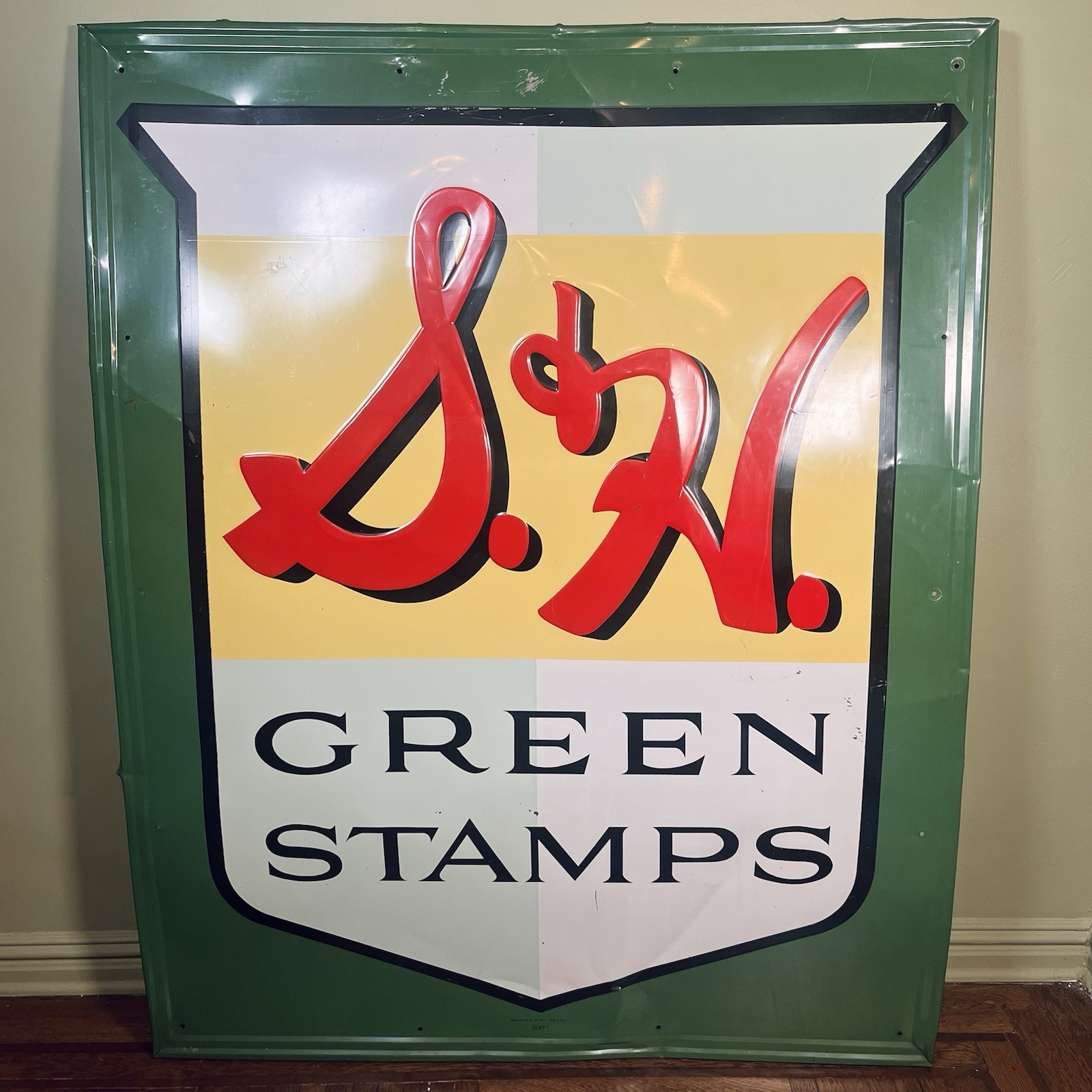 Vintage S&H Green Stamps Metal Embossed Stout Sign #3 47”x58.5\