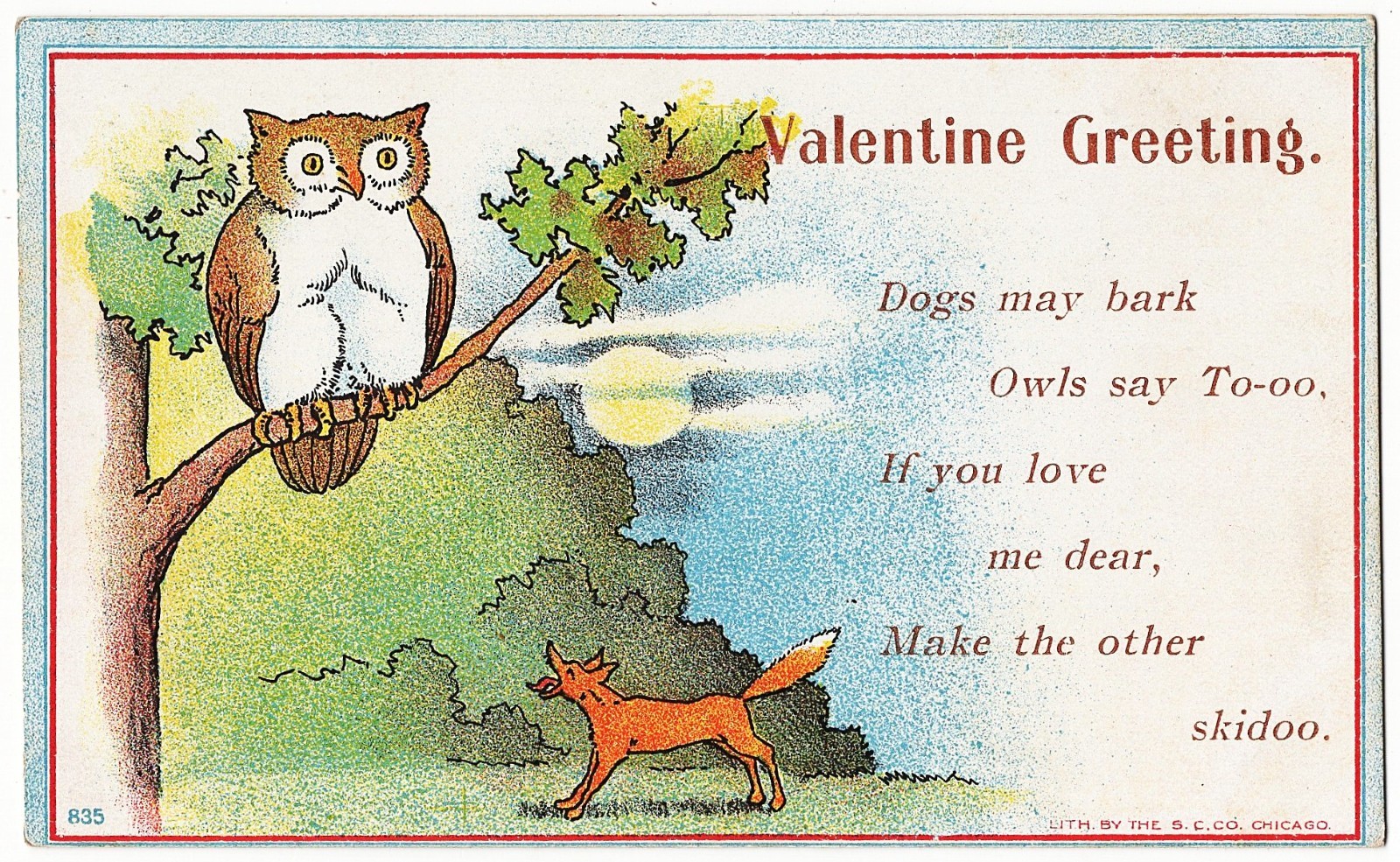 Owl And Dog antique Valentine\'s Day postcard