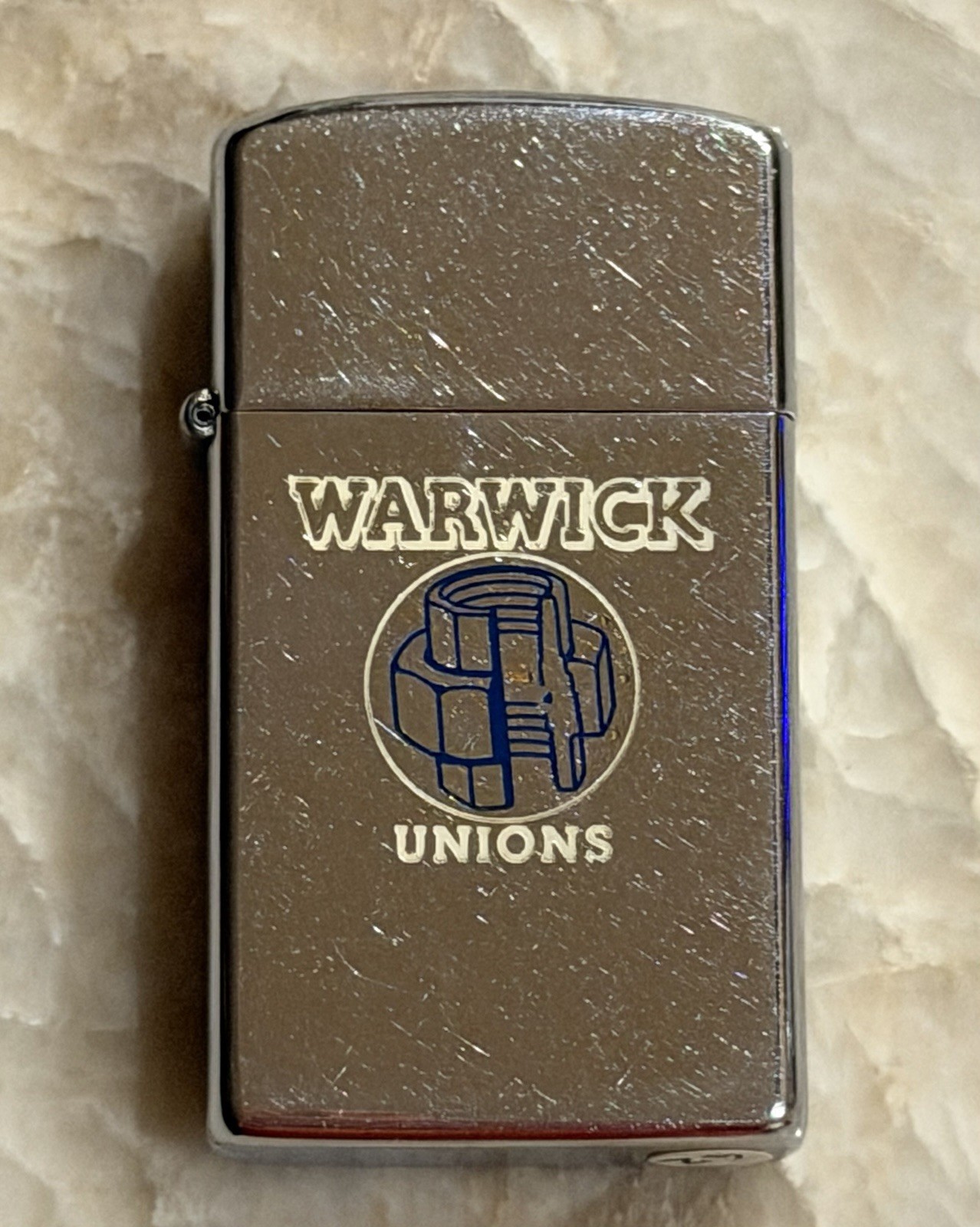 Vintage 1962 Slim Zippo Advertising Warwick Unions For Trades Lighter Unstruck