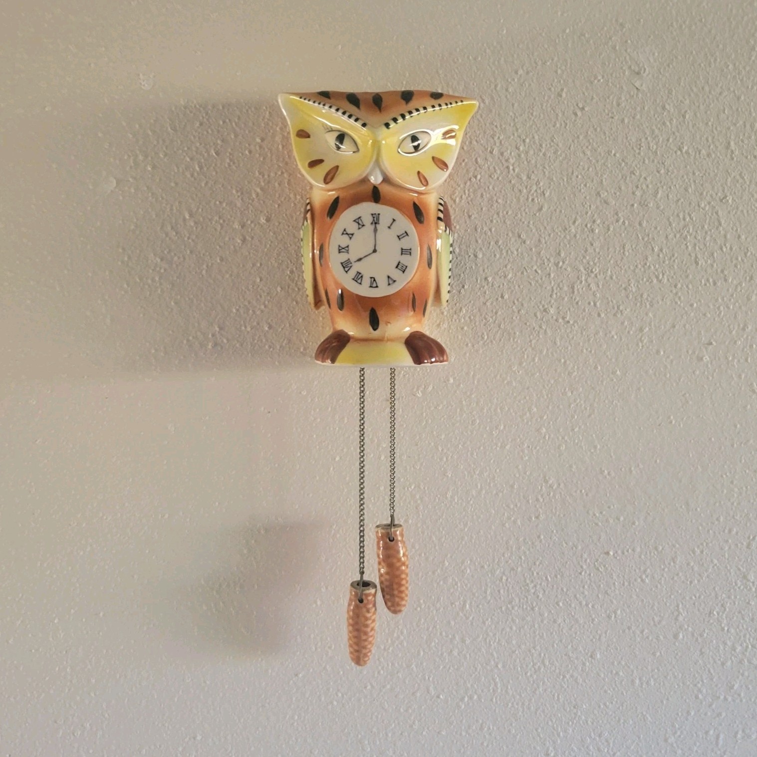 Vintage Ceramic Owl Cuckoo Clock Wall Pocket Planter Vase Mid Century Japan