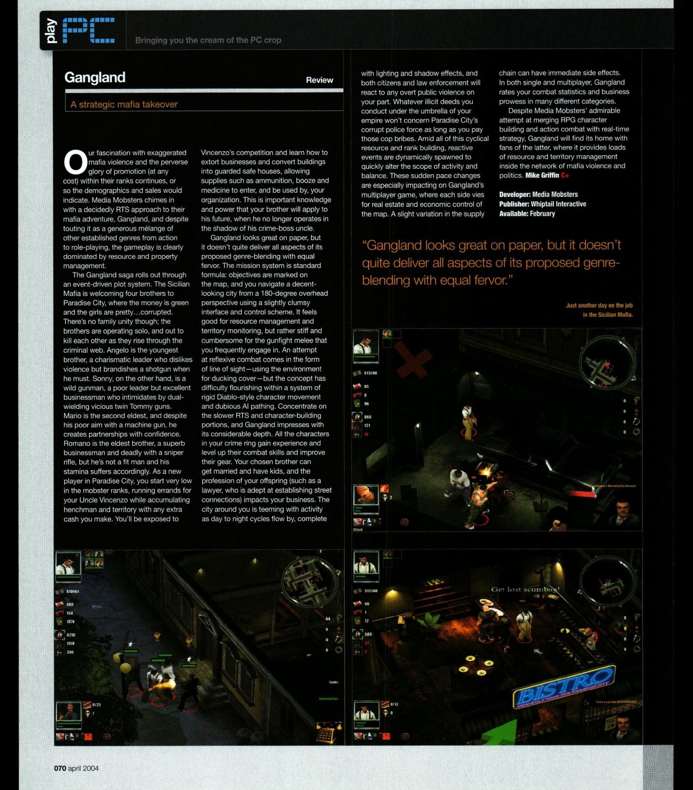 Gangland PC Magazine Review Page Original Print Retro PC Gaming 2004