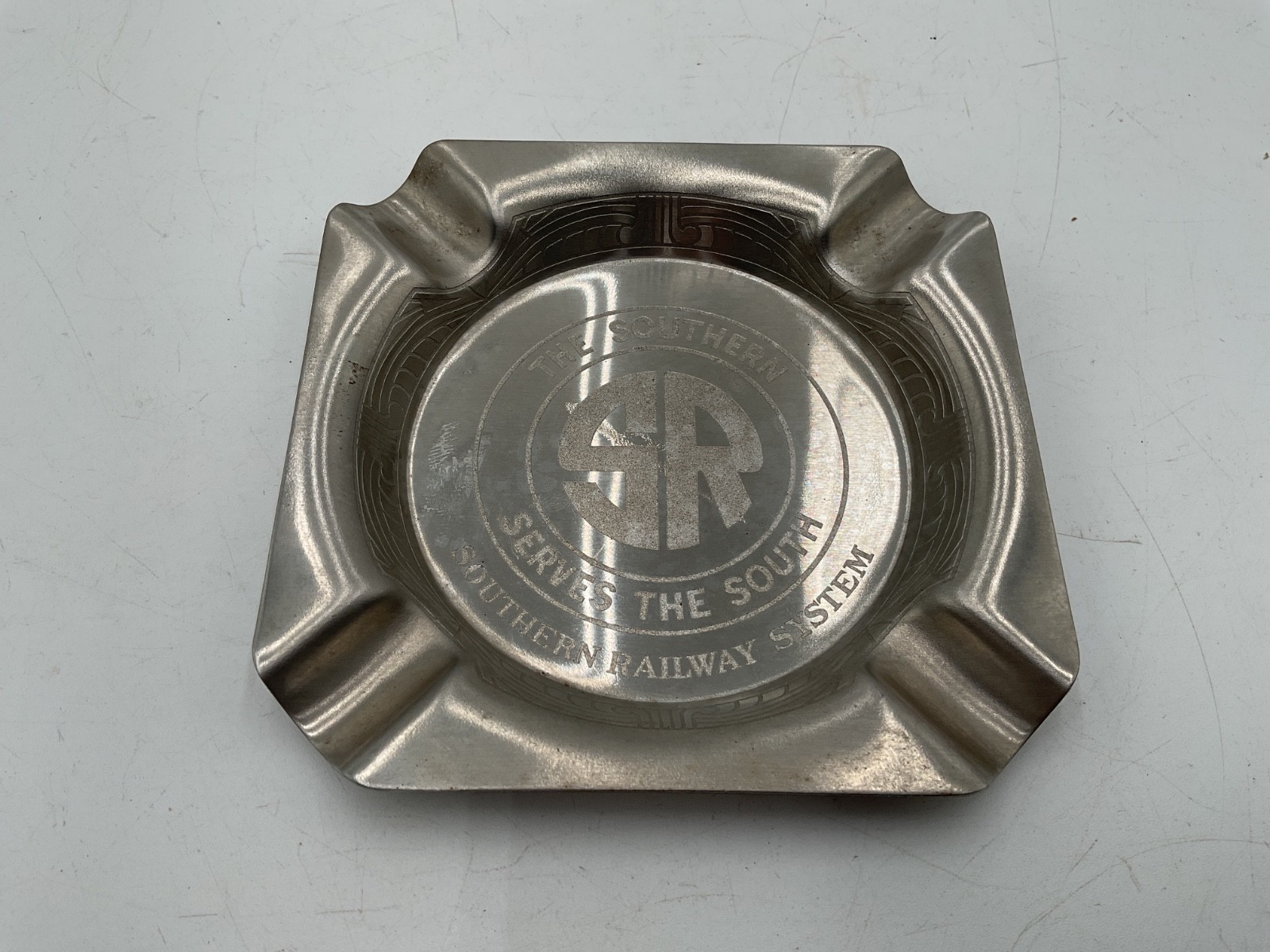 SOUTHERN RAILWAY SYSTEM ETCHED STAINLESS STEEL ASHTRAY