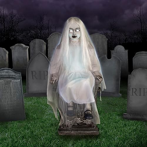 4-Ft Sitting Tombstone Girl Animatronic by Tekky | 4-Ft Motion-Activated Sitting