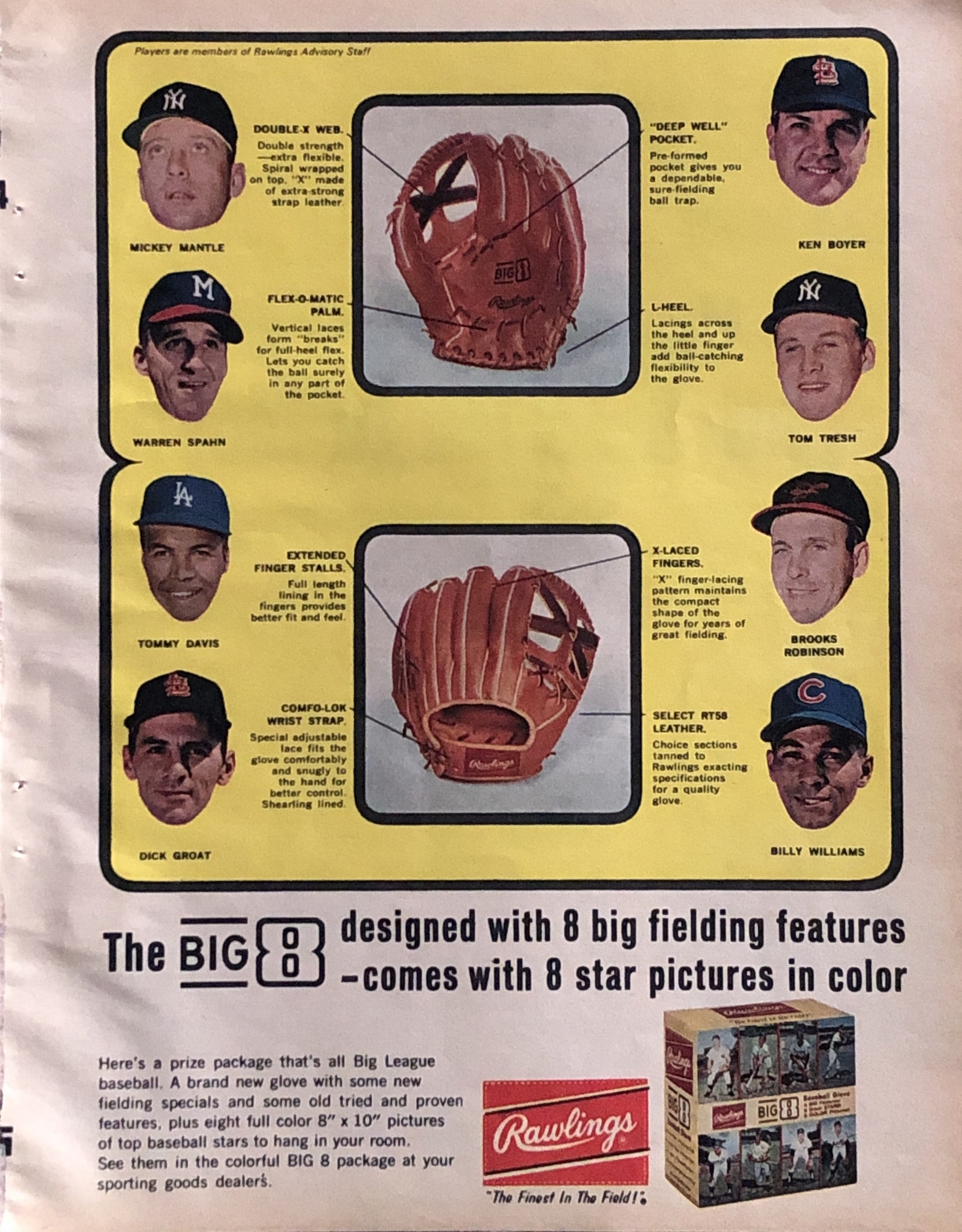 1964 Rawlings Big 8 Baseball Glove PRINT AD Mickey Mantle Warren Spahn VTG 1960s