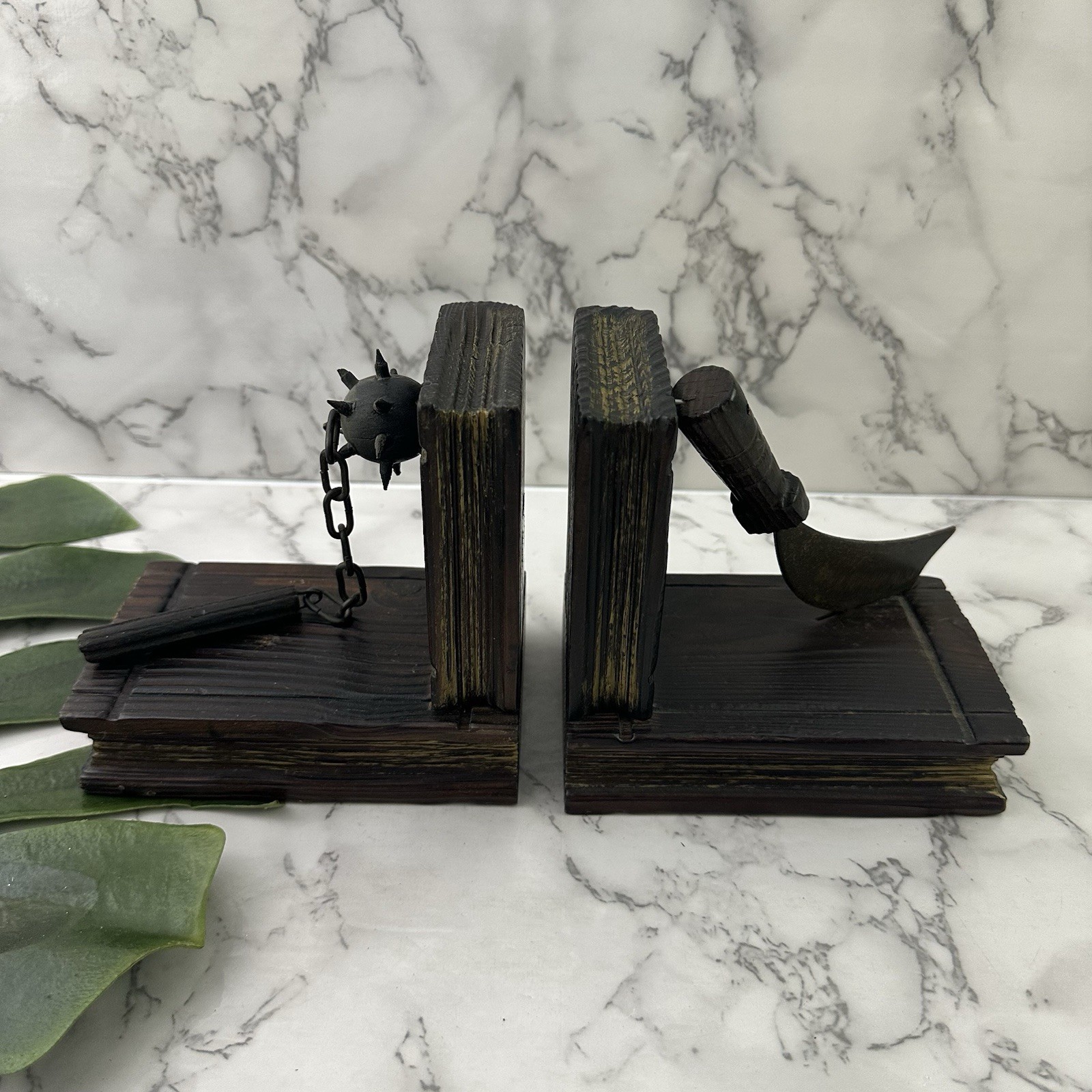 Vintage Medieval Bookends Sword Spike Ball Chain Metal Wood Brown Weapon Fantasy