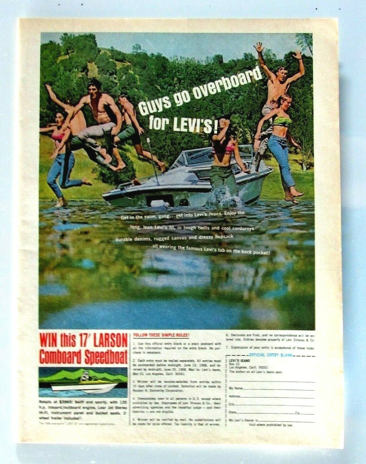 LEVIS Larson Win Comboard Speedboat Guys Go Overboard 1968 Original Print Ad 
