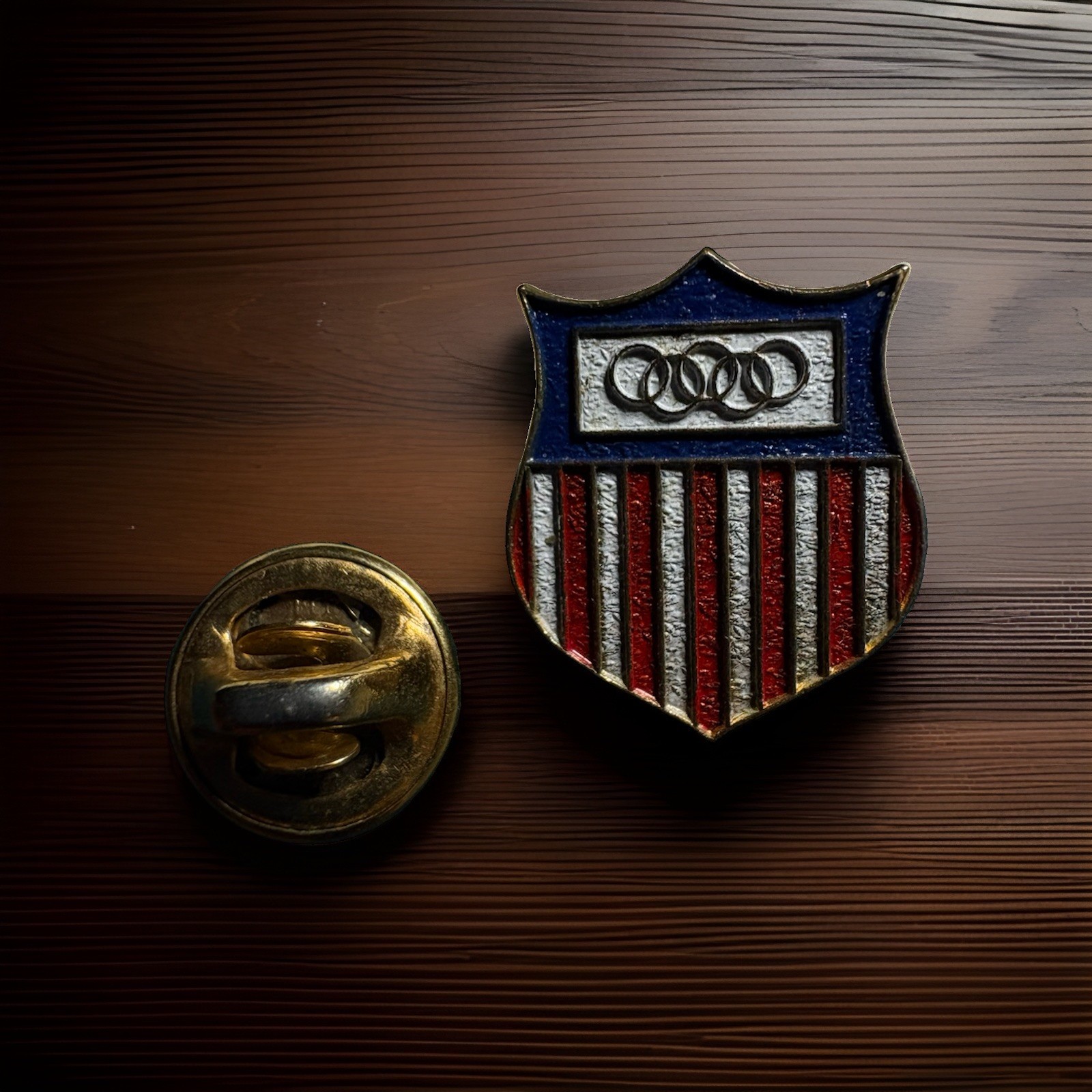 Vintage Audi Four Rings USA Flag Shield Enamel Lapel Pin Z36