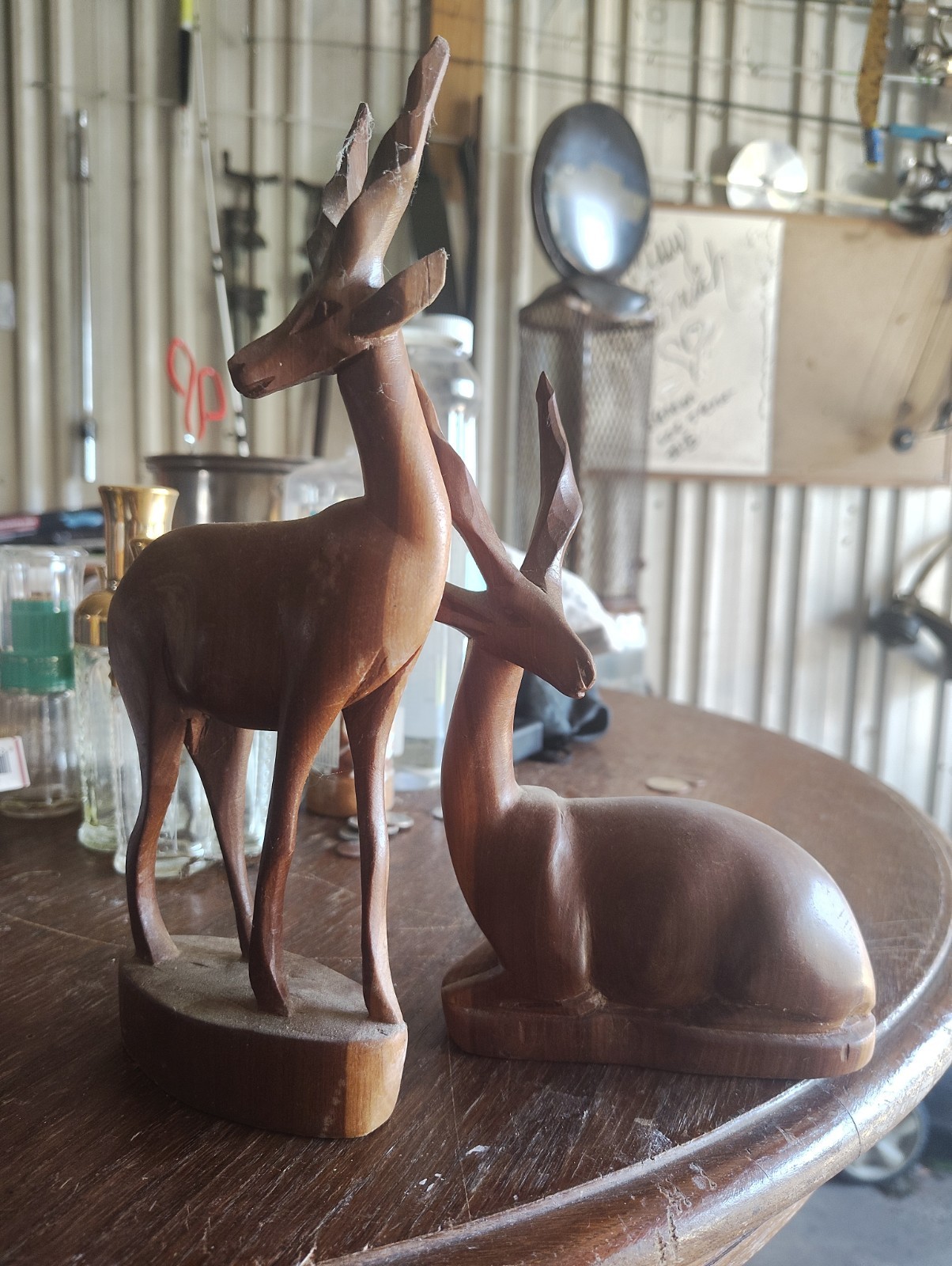 Hand Carved Wooden Gazelle Antelope Deer Statue Folk Art Sculptures Set of 2