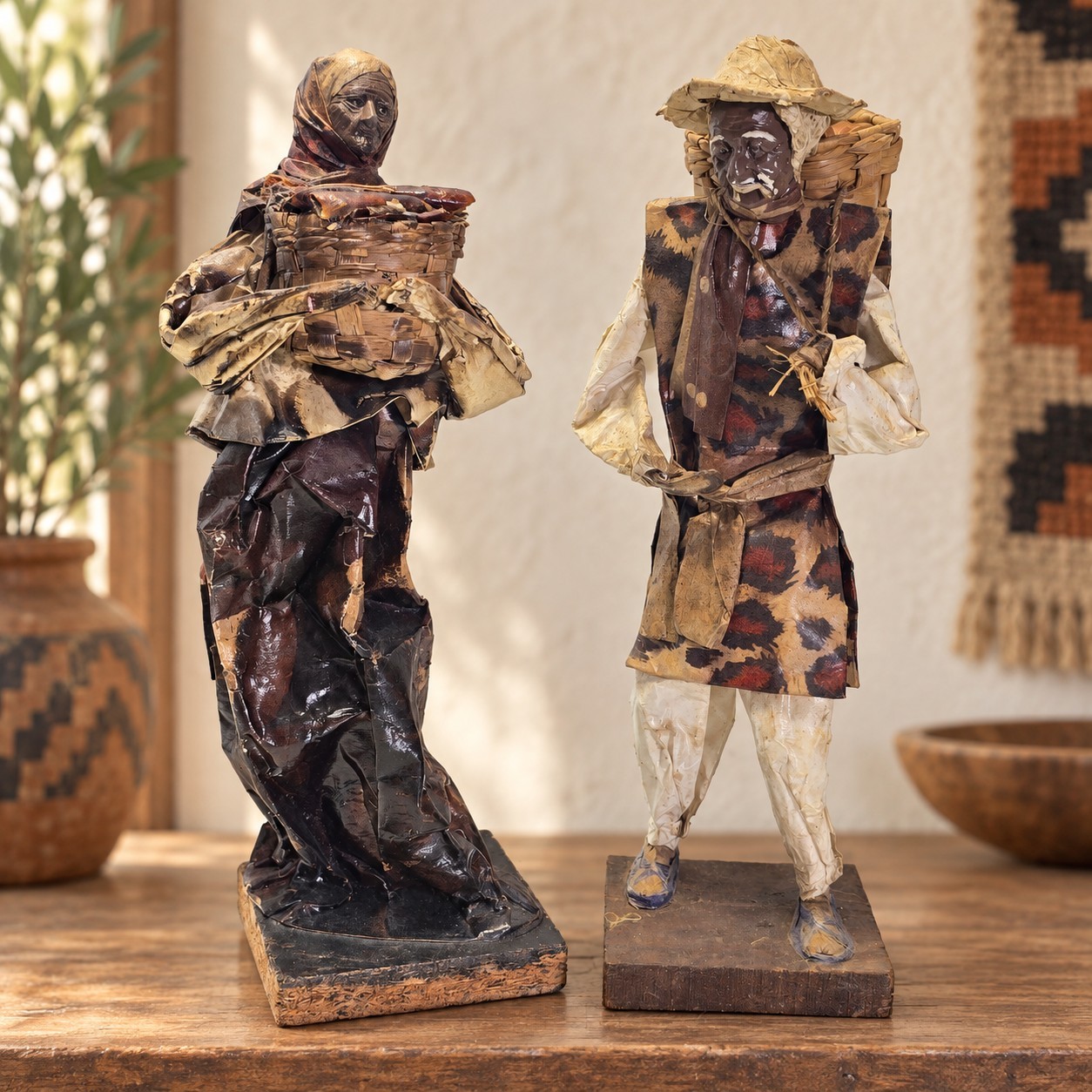 Vintage Mexican Paper Mache Fish Seller Pair Folk Art Woven Basket Figures 12in