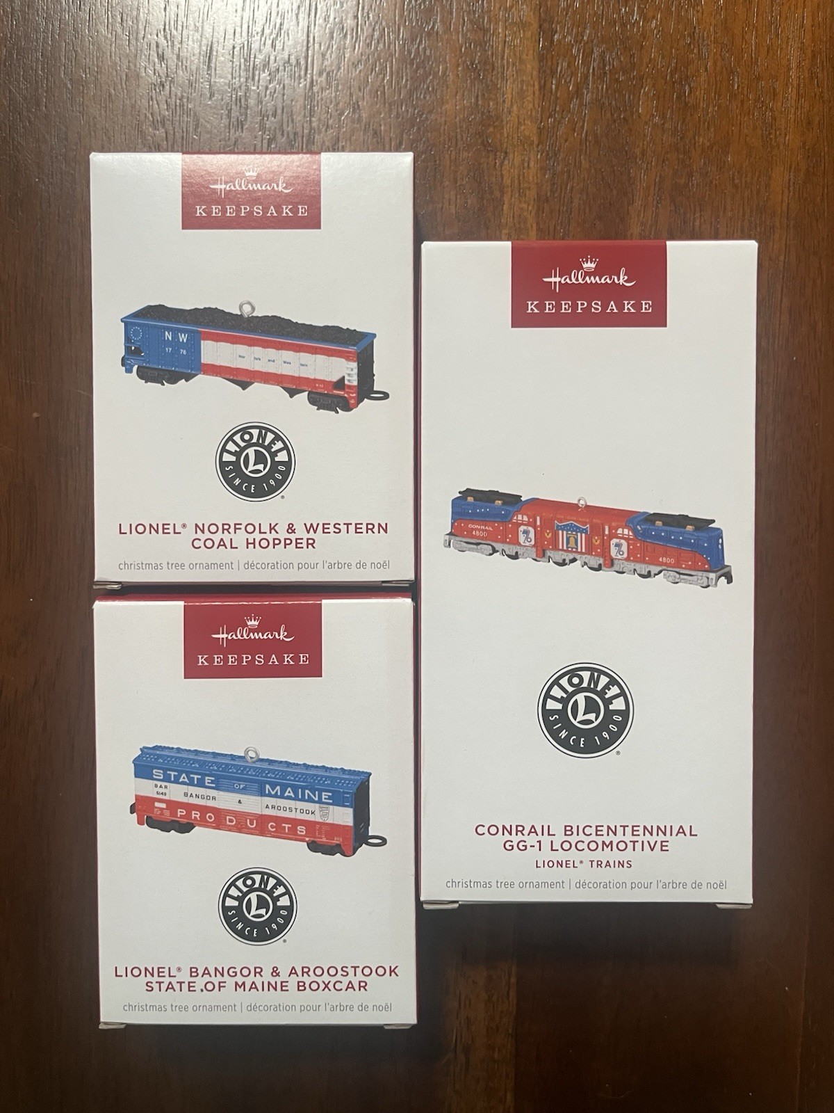 New, Pristine Boxes Hallmark Ornament (3) Piece Set: Lionel Trains Bicentennial