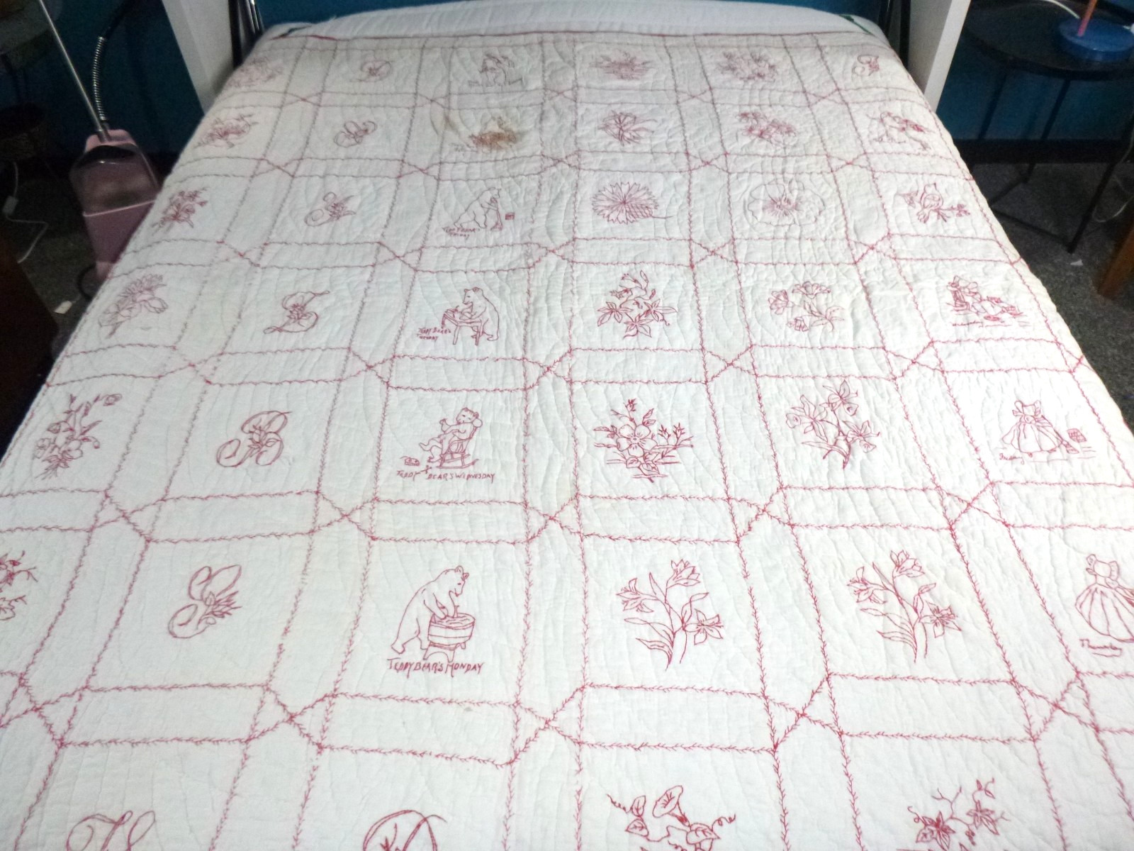 Antique Redwork Embroidered Quilt Coverlet Hand Stitched & Quilted 66x72