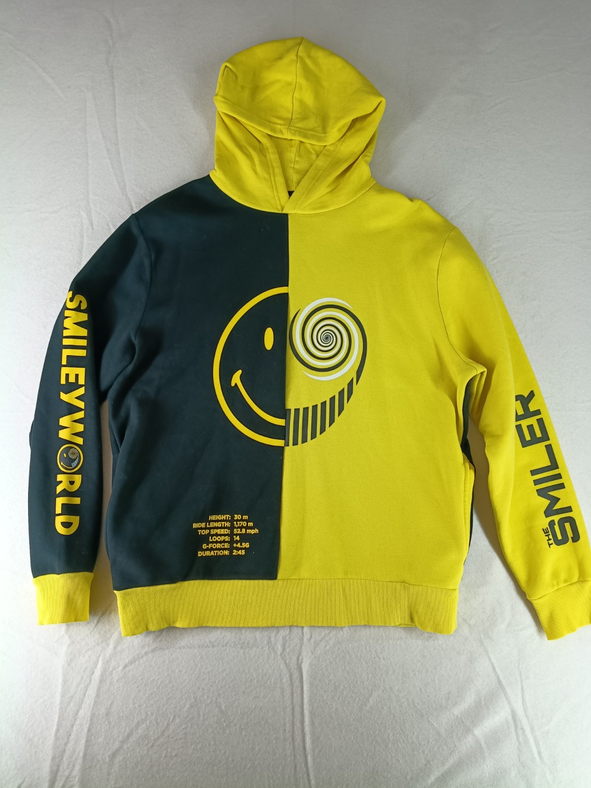Alton Towers The Smiler x Smiley World Roller Coaster Hoodie Yellow Black Rare