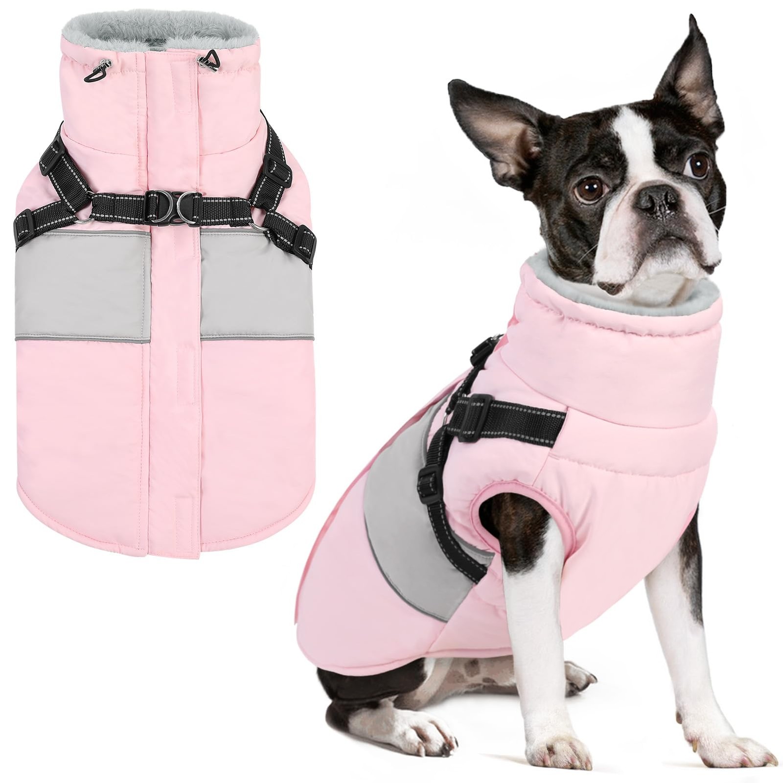 SUNFURA Small Dog Coat Harness Built-in Winter Jacket for Schnauzer Yorkie Pink