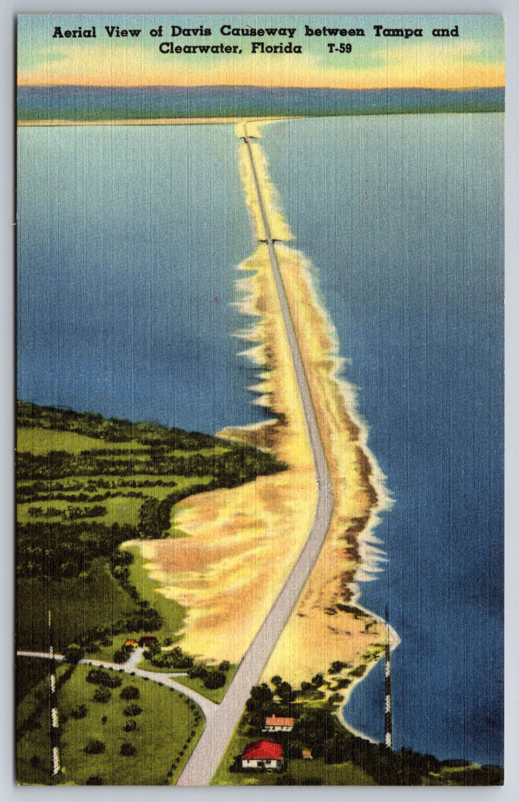 Vintage Postcard FL Clearwater Davis Causeway Aerial View Linen ~9348
