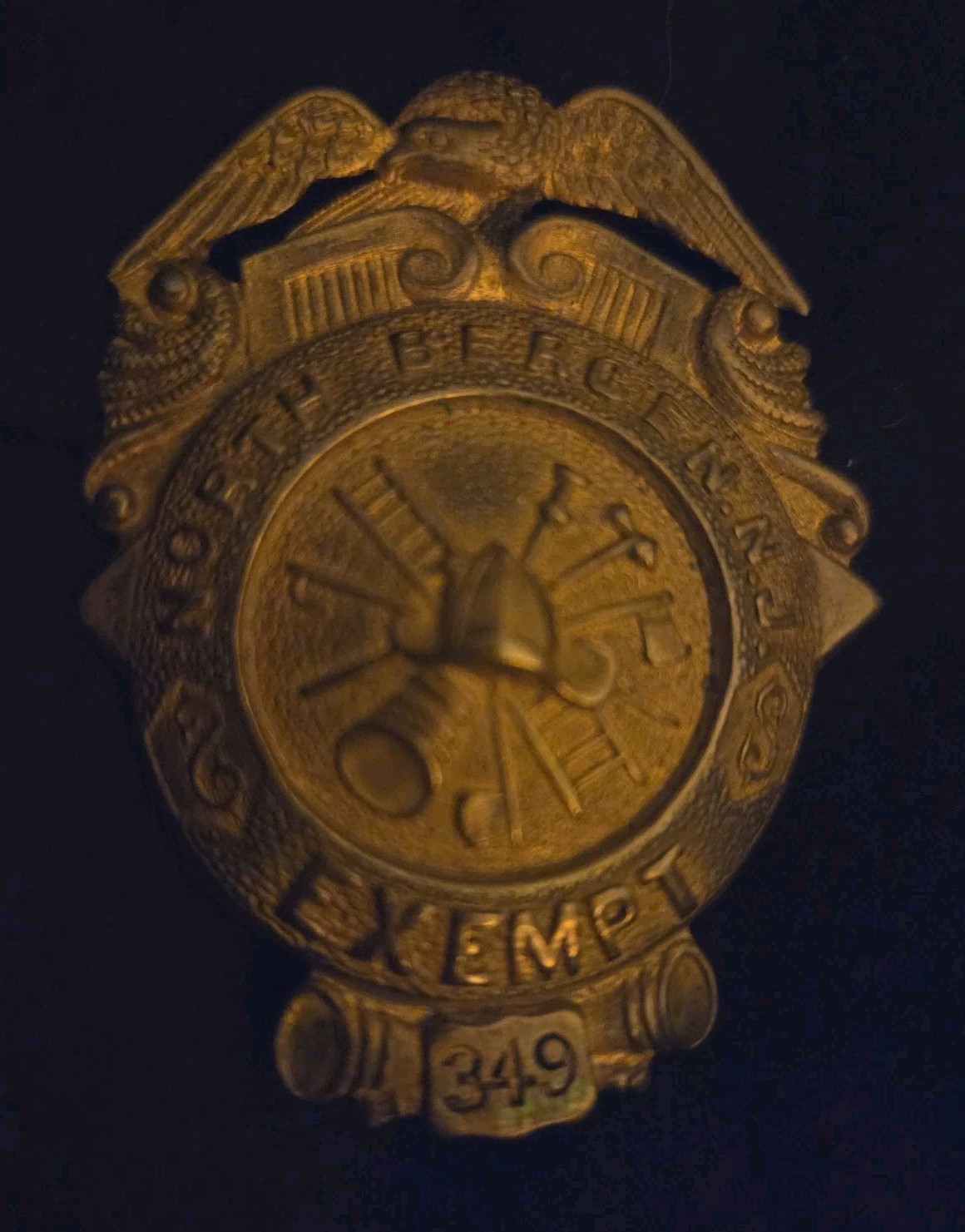 Vintage North Bergen New Jersey Exempt Fire Badge No. 349 - F. Sperber Maker