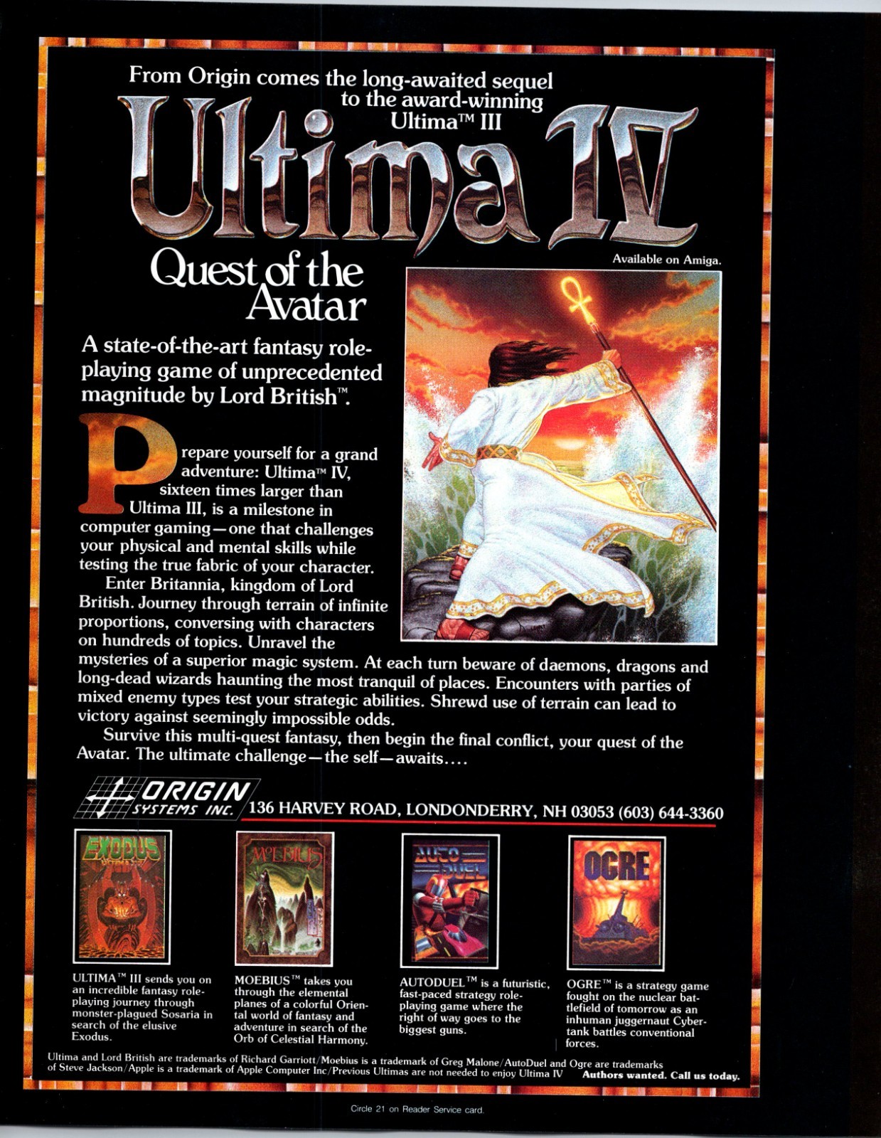 Ultima IV Quest Of Avatar Origin Systems Inc Londonderry NH 1988 Amiga Ad TB9