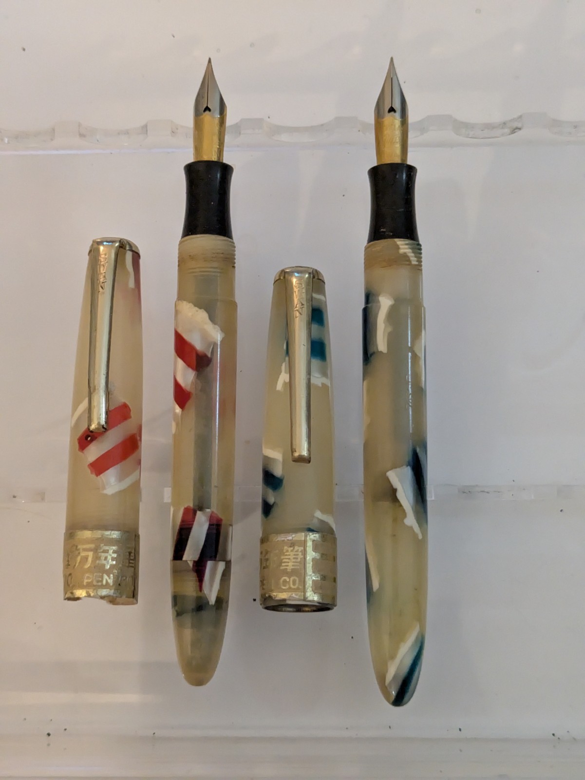 Vtg 2x Nos Celluloid Candy Stripe Swan Japan Fountain Pen Lot - Steel F Nibs