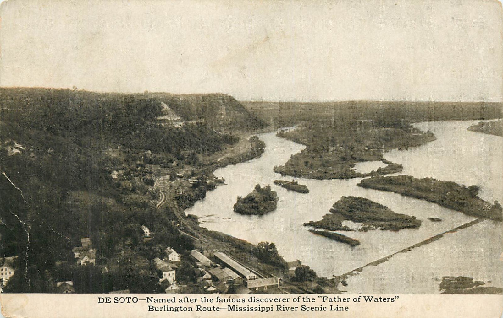Burlington Route Mississippi River Scenis Line aerial view Postcard