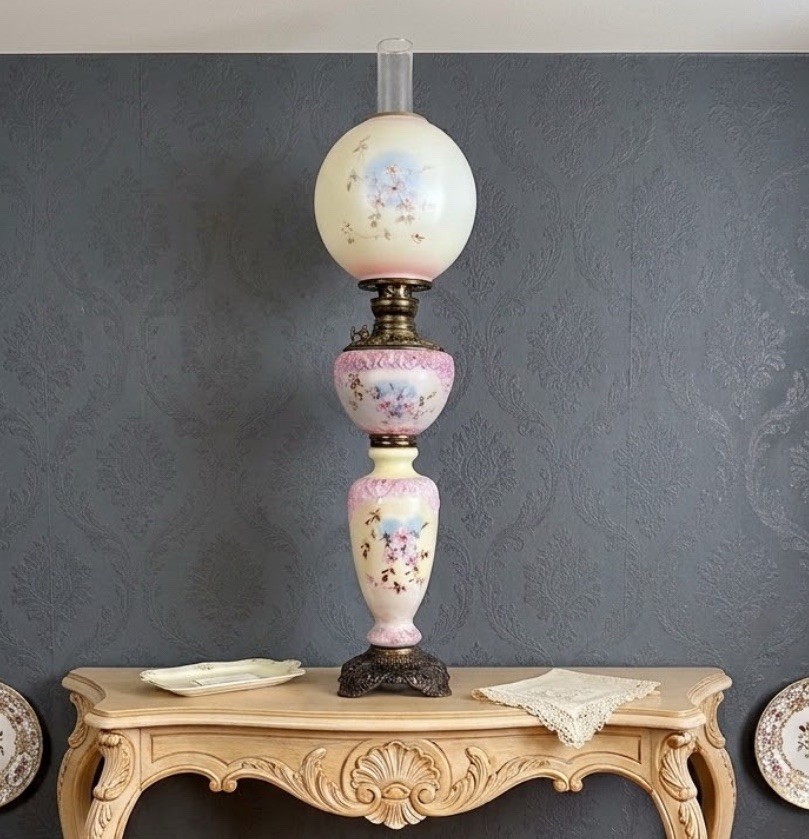 Huge Victorian Kerosene Gone With The Wind 3 Tier Lamp Floral Pink 1800s Ornate