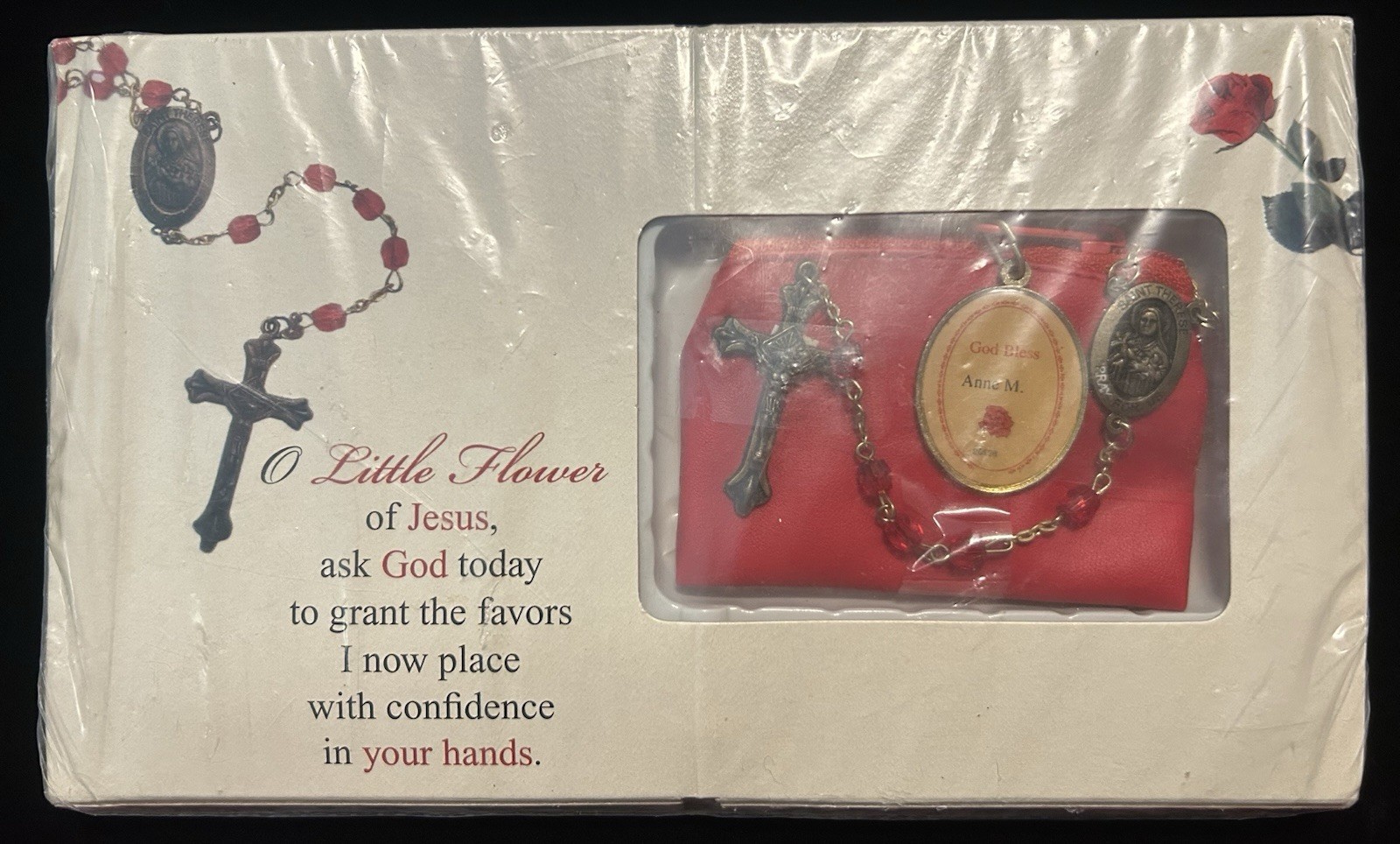 VTG St.Theresa Little Flower Catholic Rosary Red Pouch Sealed Package