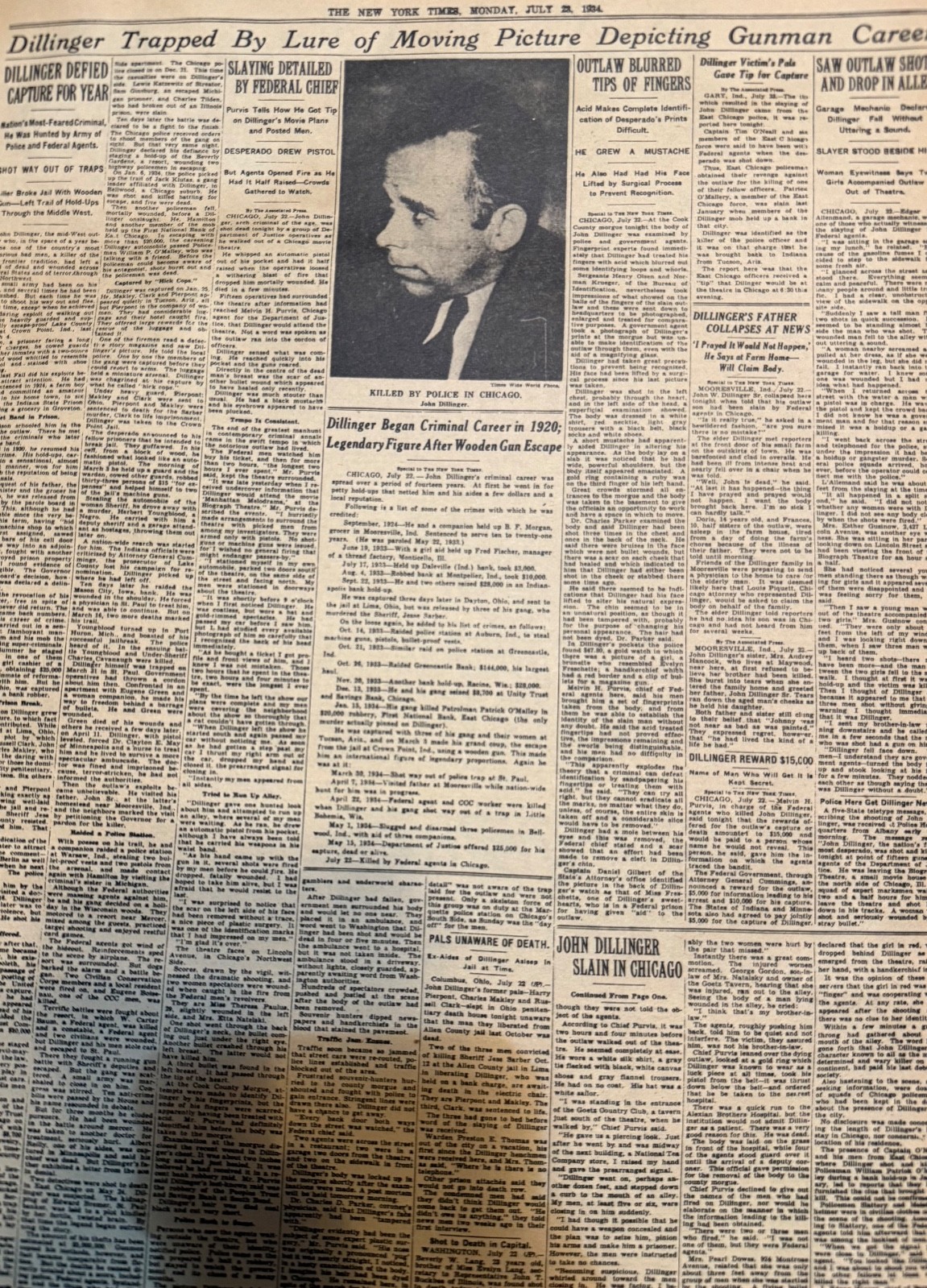 Vintage Killing of John Dillinger NEW YORK TIMES News Article Estate Sale Find