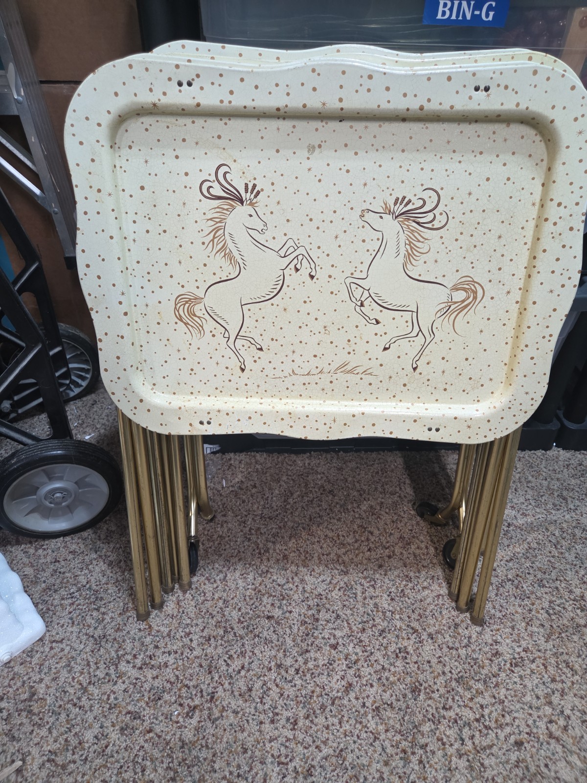 Rare 4 1970\'s Folding TV Trays Metal Set w/ Prancing Horses Retro Atomic MCM