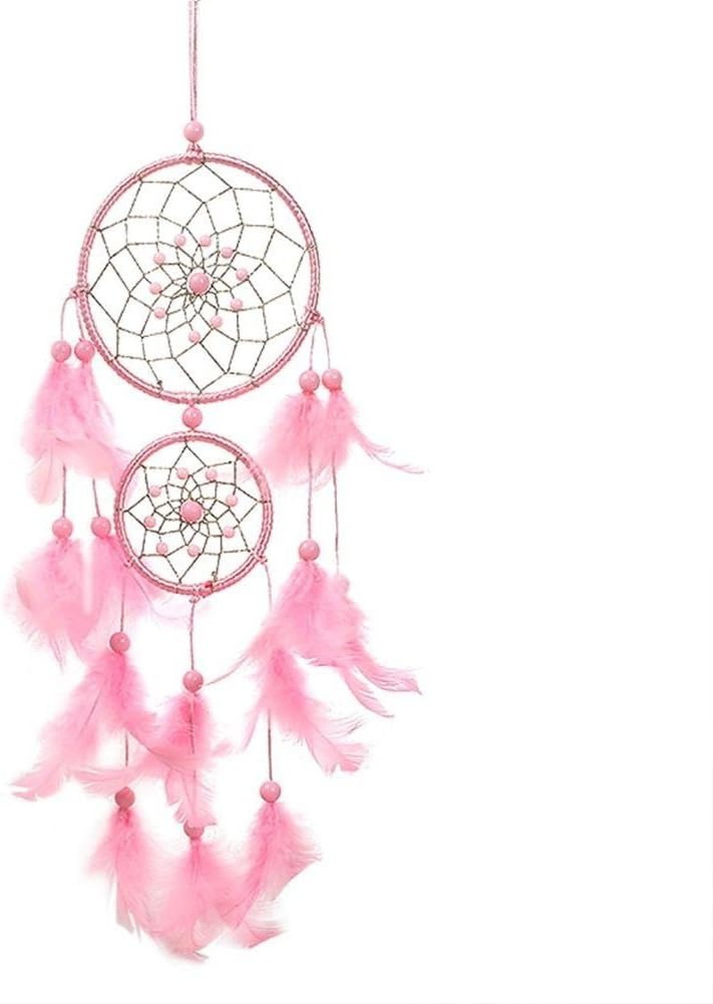 Handmade Homemade Beautiful Natural Feathers Double Pink Dream Catcher Wall Hang
