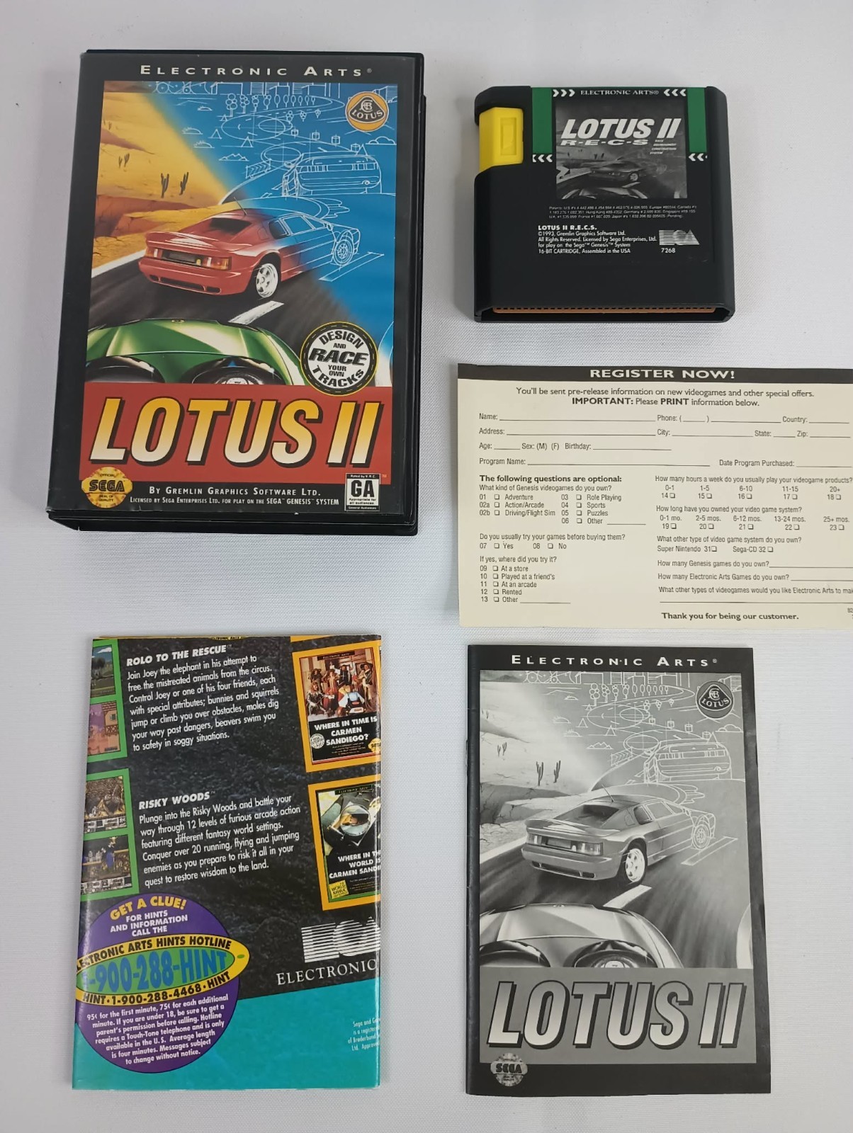 Lotus II 2 Sega Genesis CIB Complete w/ Manual + Reg Card + Poster