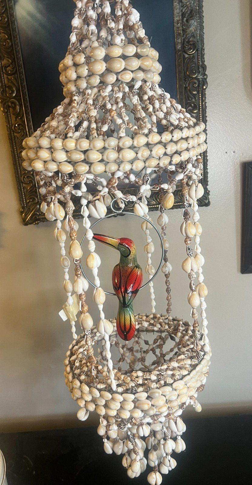 Vintage MCM Sea Shell Kitschy Hanging Decor Plant Holder Birdcage 21