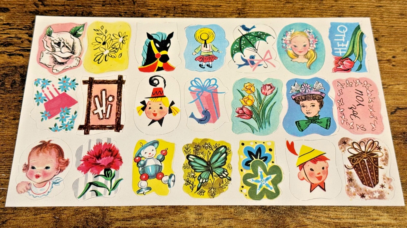Set of 21 Vintage 1930s 40s Gummed Seals Scrapbook Child, Flower, Horse Gift NOS
