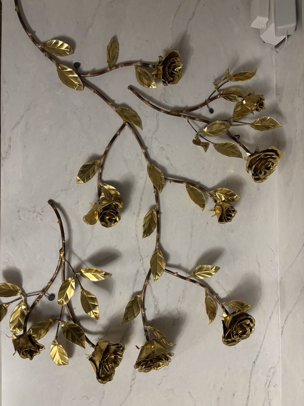 Hand Crafted Gold Metal Rose Flower Branch Wall Decor Set, lot of 3