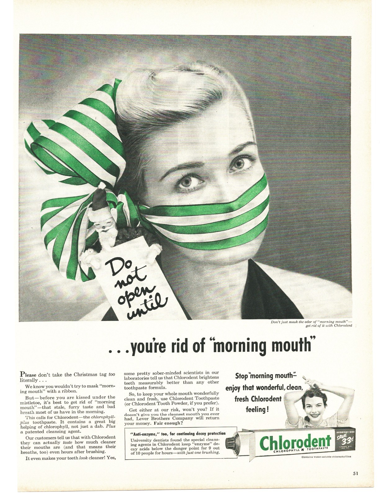 1953 Chlorodent Toothpaste Vintage Ad Christmas Santa Claus Gift Wrap Beauty