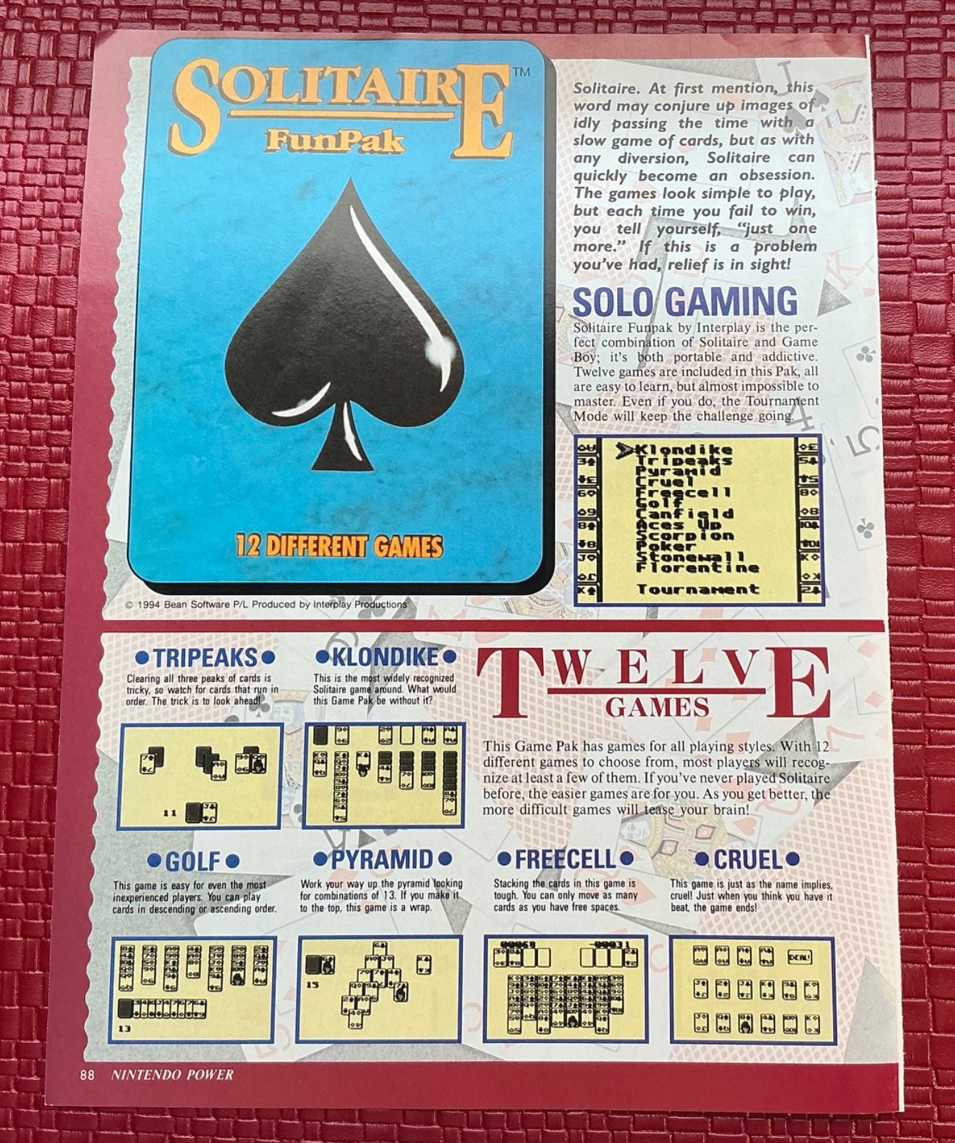 Solitaire Funpak Nintendo Print Ad Poster Art 8”x 10.5” Vintage Vtg Rare Page