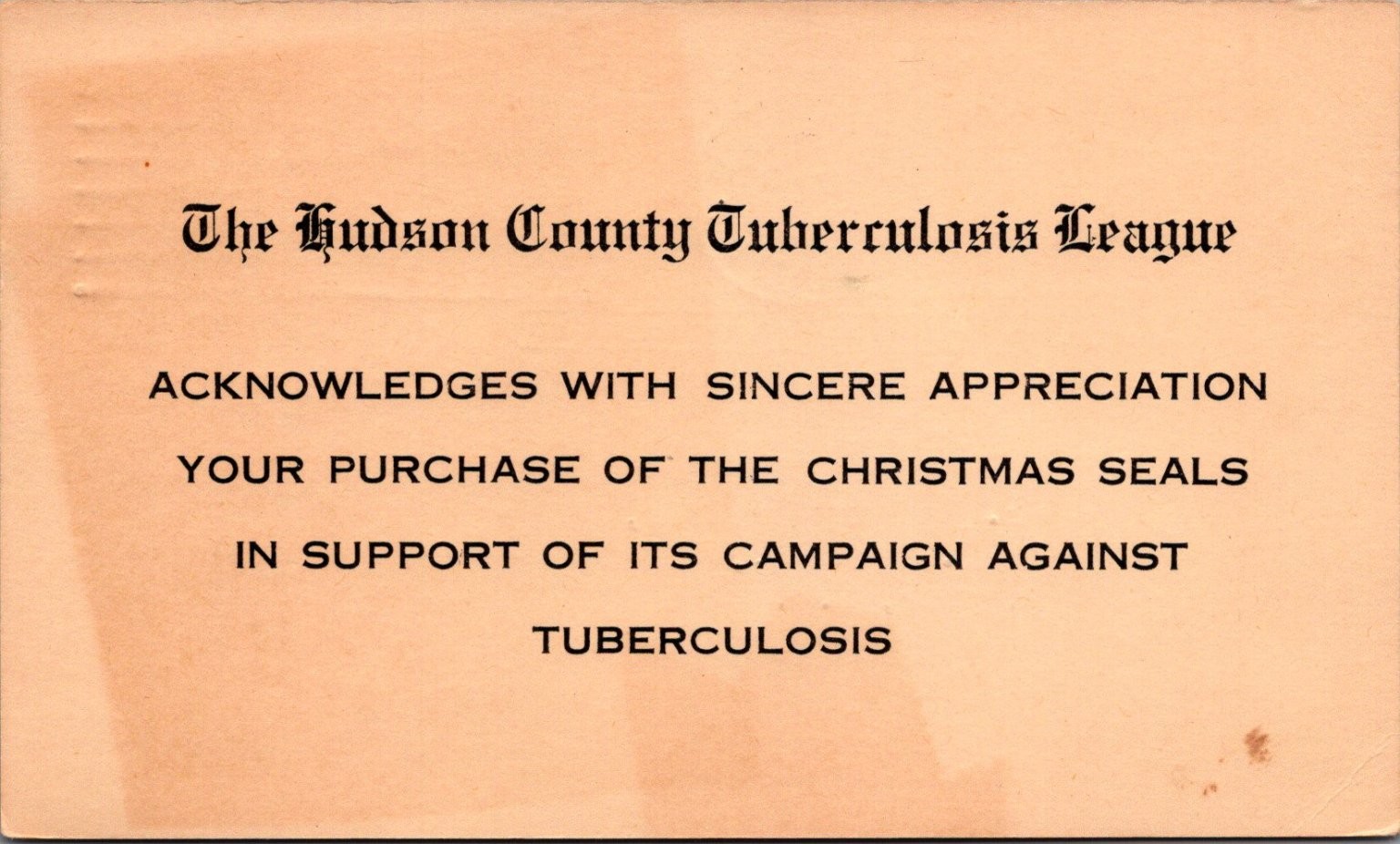 1947 Hudson County Tuberculosis League Christmas Seals Acknowledgement Card