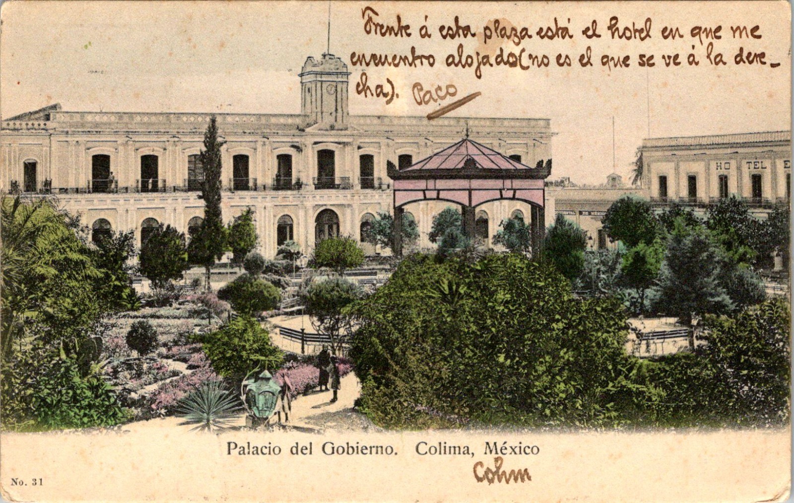 Colima Mexico Palacio del Gobierno Plaza Vintage Postcard 1908 Posted