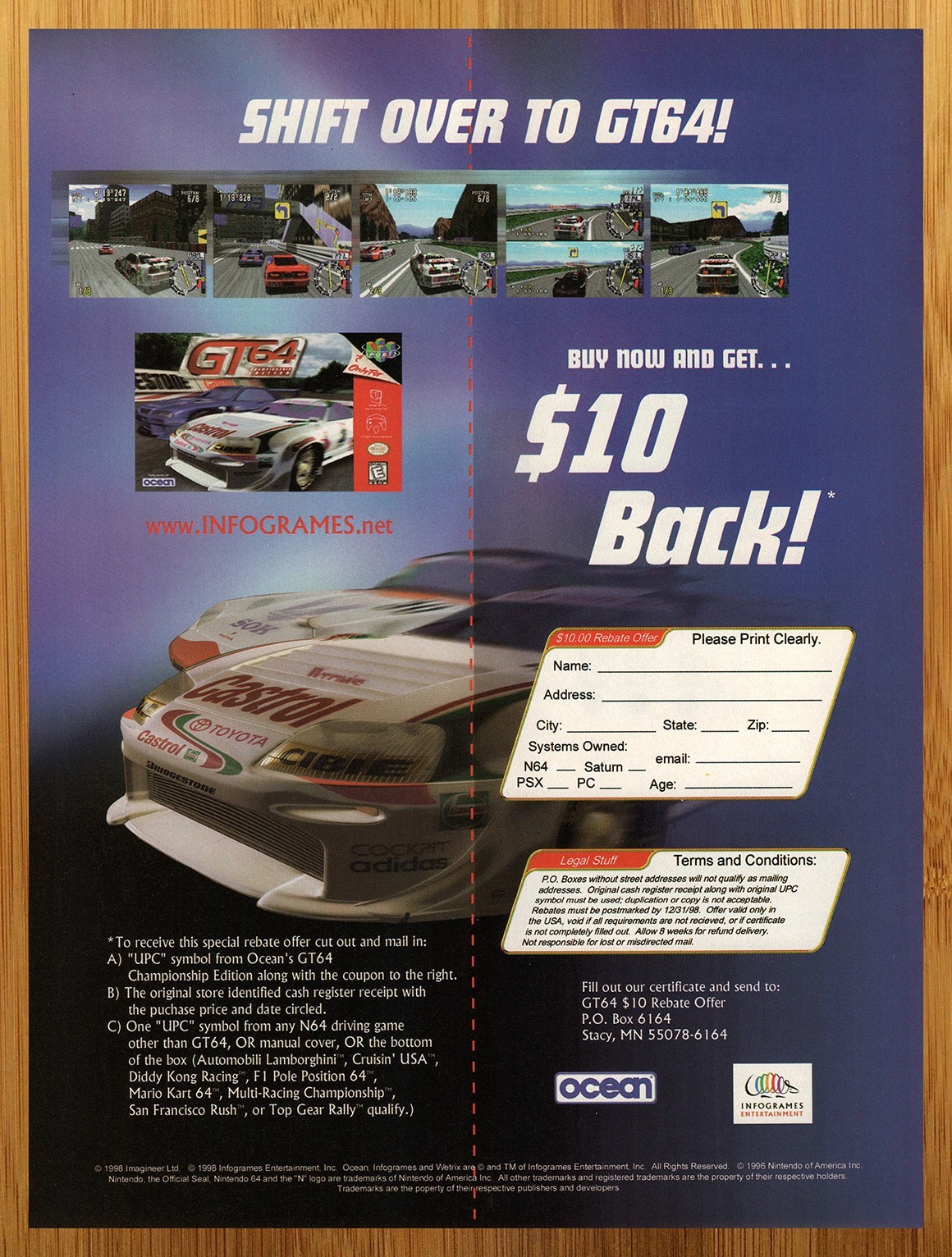 1998 GT 64 Championship Edition Nintendo 64 N64 Print Ad/Poster Racing Game Art