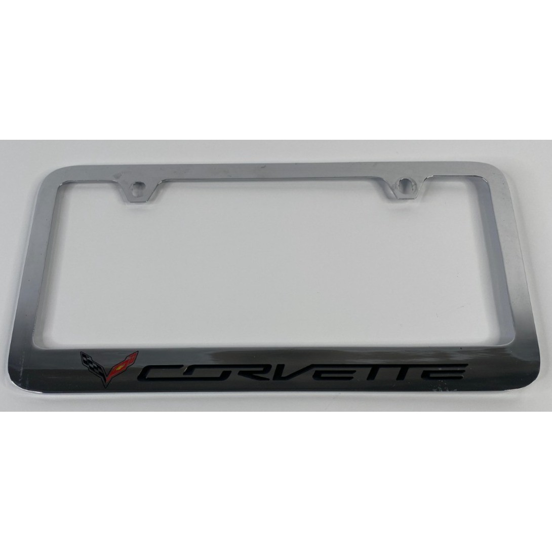 C7 Corvette License Plate Frame w/Crossed Flags Logo - Chrome