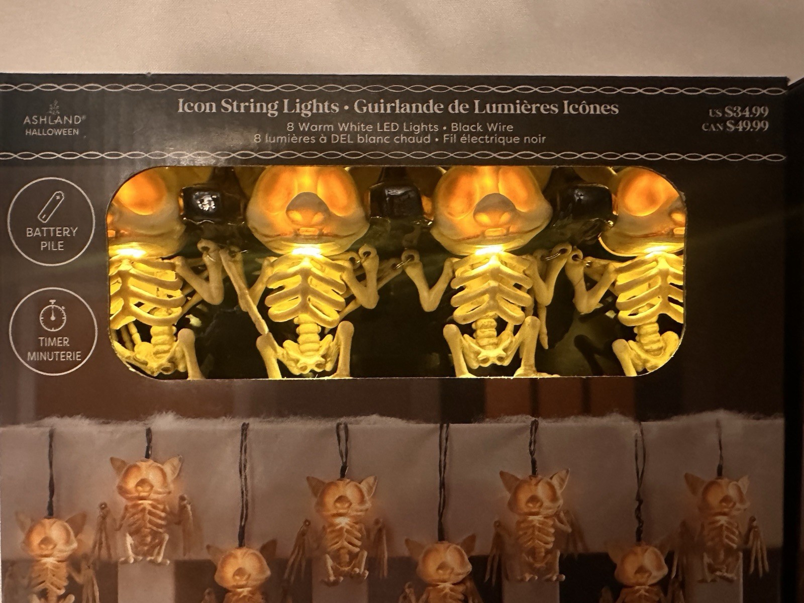 Ashland Bat Skeleton Icon LED String Lights Indoor/Outdoor 5.7 Ft New
