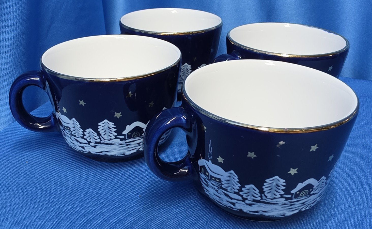 Waechtersbach Germany Cobalt Blue Winter Dreams Village Set of 4 Coffee Tea Cups
