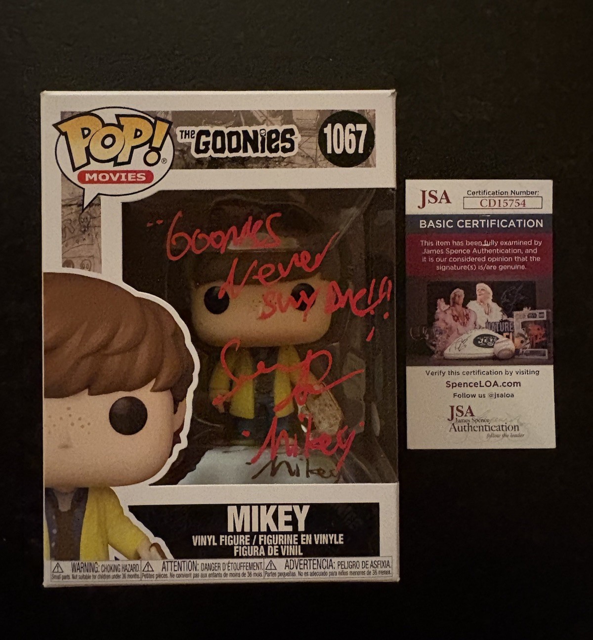 SEAN ASTON SIGNED AUTOGRAPH MIKEY FUNKO POP 1067 GOONIES NEVER SAY DIE JSA COA