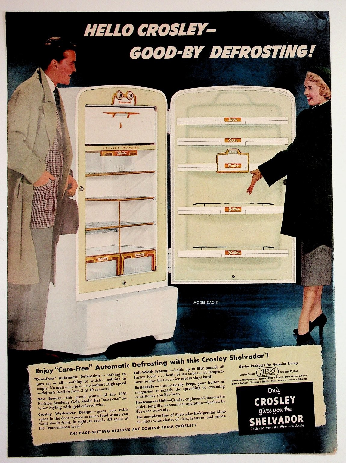 1951 Crosley Shelvador Refrigerator Print Ad Automatic Defrosting Vintage