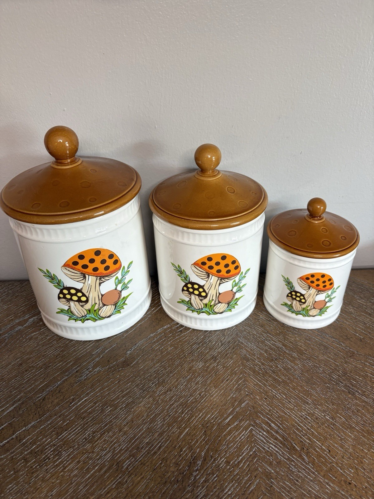 Vintage 1982 Sears Merry Mushroom Ceramic Canister Set of 3 Japan w Lids