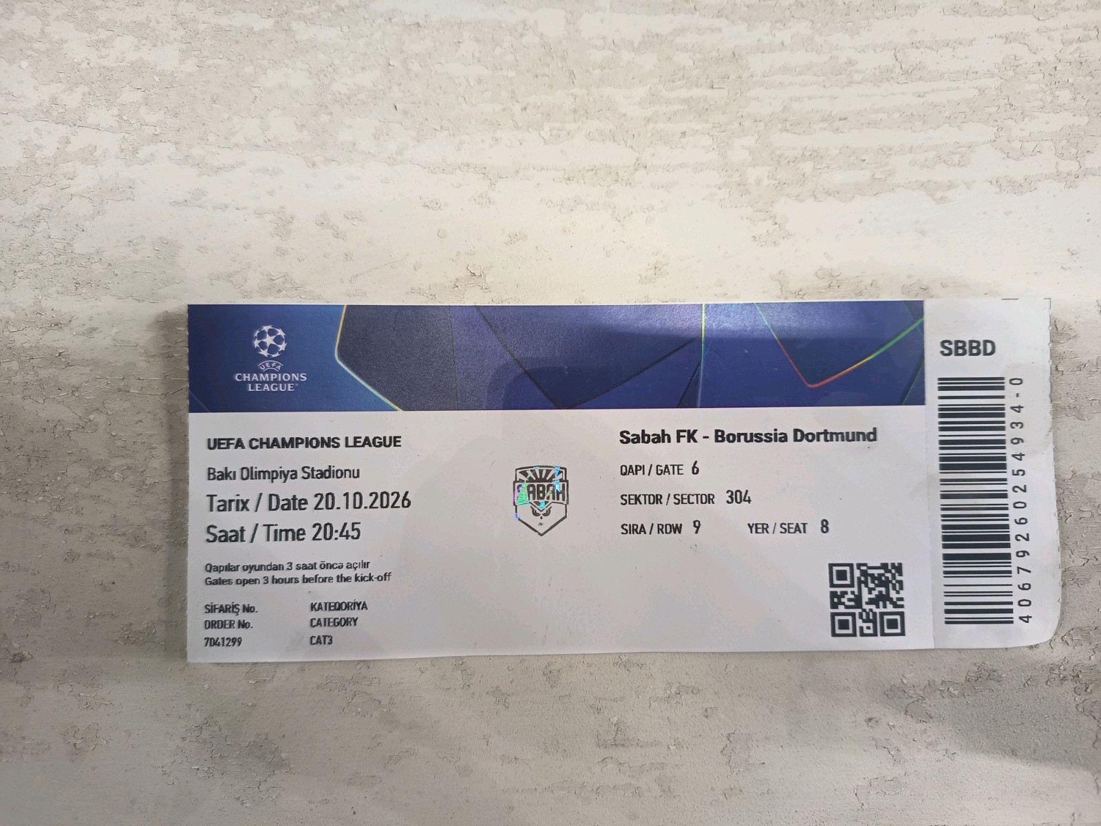 Very Rare Ticket FK Sabah BVB Borussia Dortmund UEFA Champions League 26/27